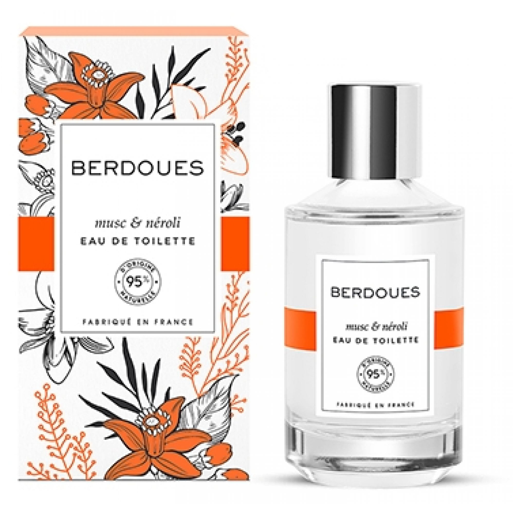 Berdoues Musc & Néroli Eau de Toilette Flakon und Verpackung mit Orangenblüten-Design.