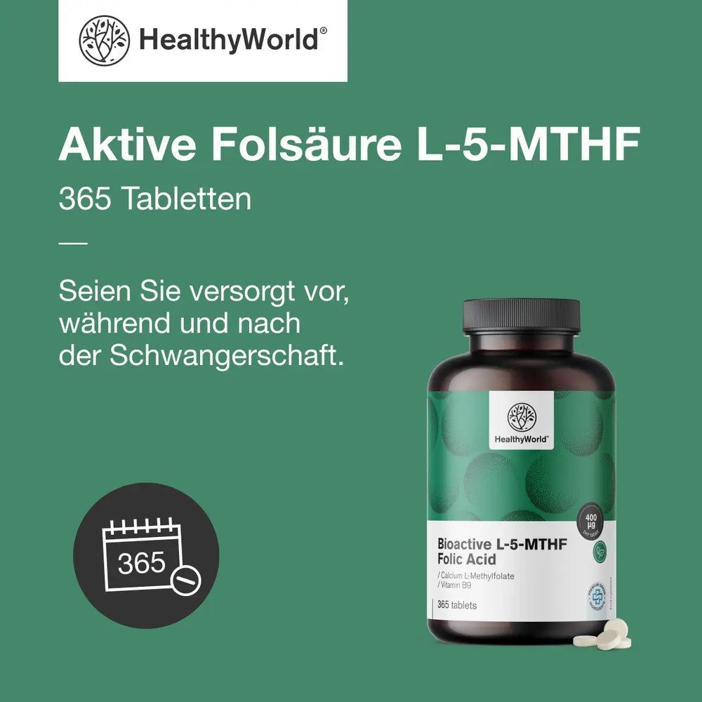 Flasche mit 365 Tabletten Bioaktive Folsäure L-5-MTHF von HealthyWorld.