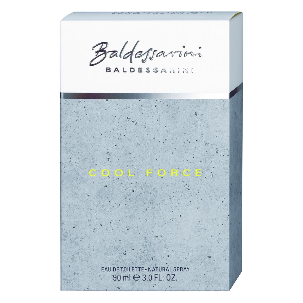 Verpackung von Baldessarini Cool Force. Weißer Deckel, grauer Körper. Schriftzug und Produktname. 90 ml.