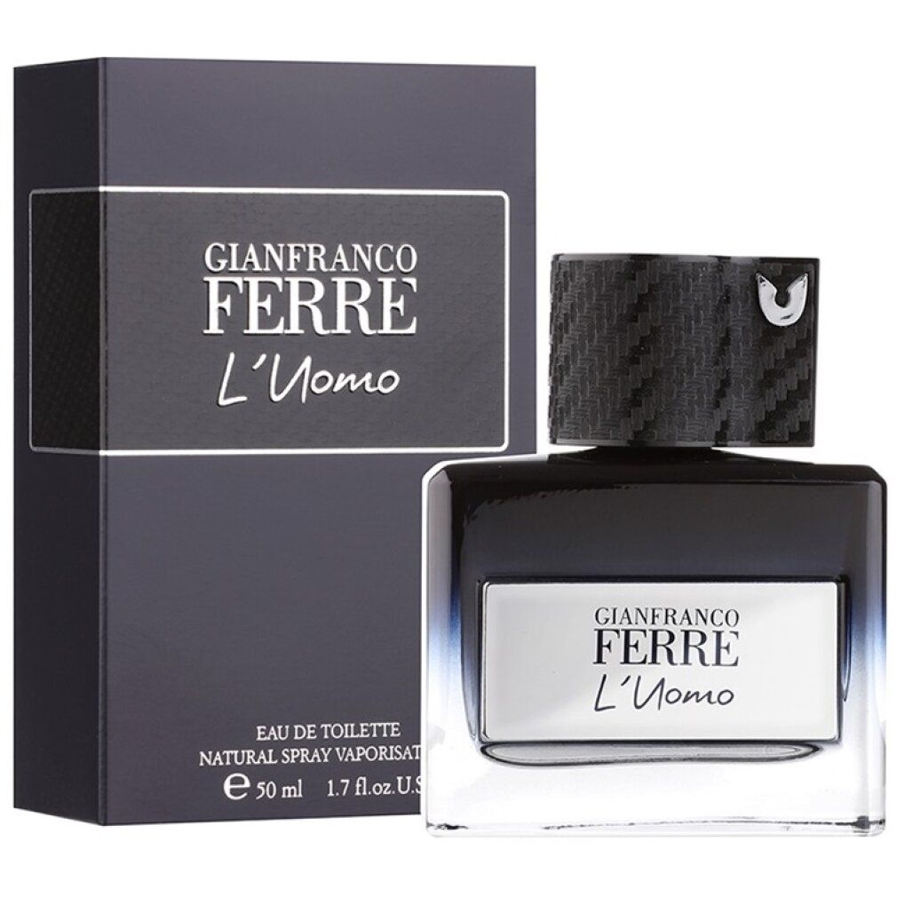 Gianfranco Ferre L'Uomo Flakon und Verpackung. Rechteckige Flasche, Farbverlauf transparent/dunkelblau. Schwarzer Deckel. Schwarze Box.