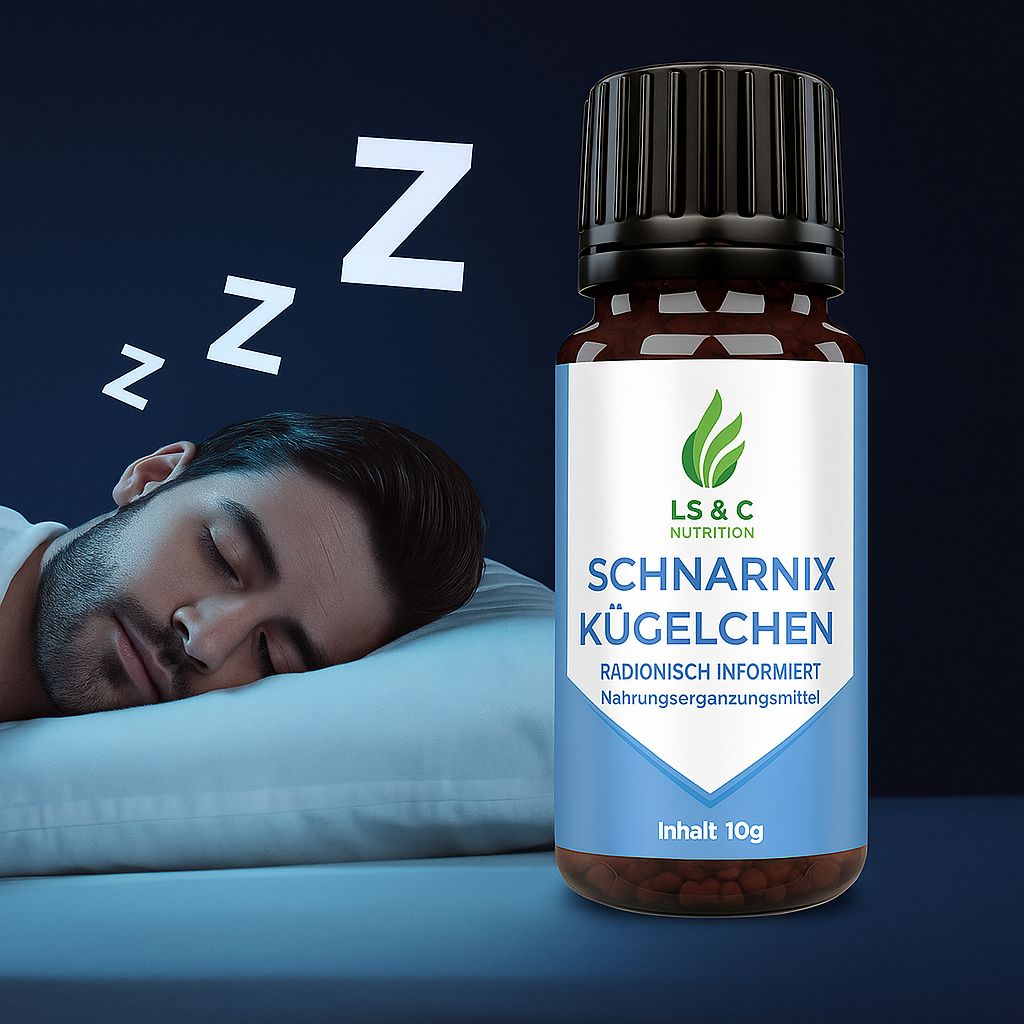 Produktflasche neben schlafendem Mann. Blau-weißes Etikett mit Logo und Produktname. Z-Symbole im Hintergrund.