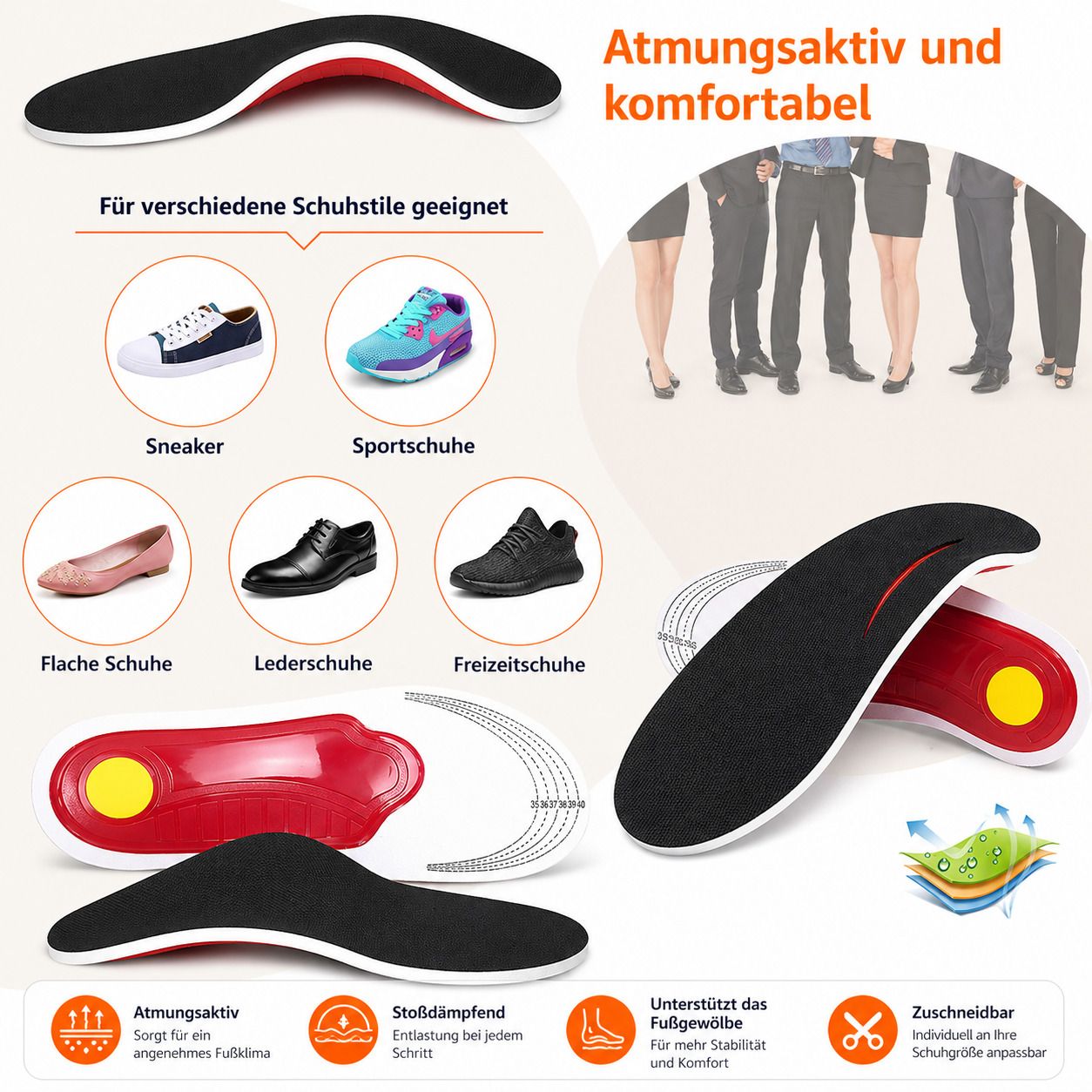 Einlegesohlen. Geeignet für verschiedene Schuhtypen: Sneaker, Sportschuhe, flache Schuhe, Lederschuhe, Freizeitschuhe.