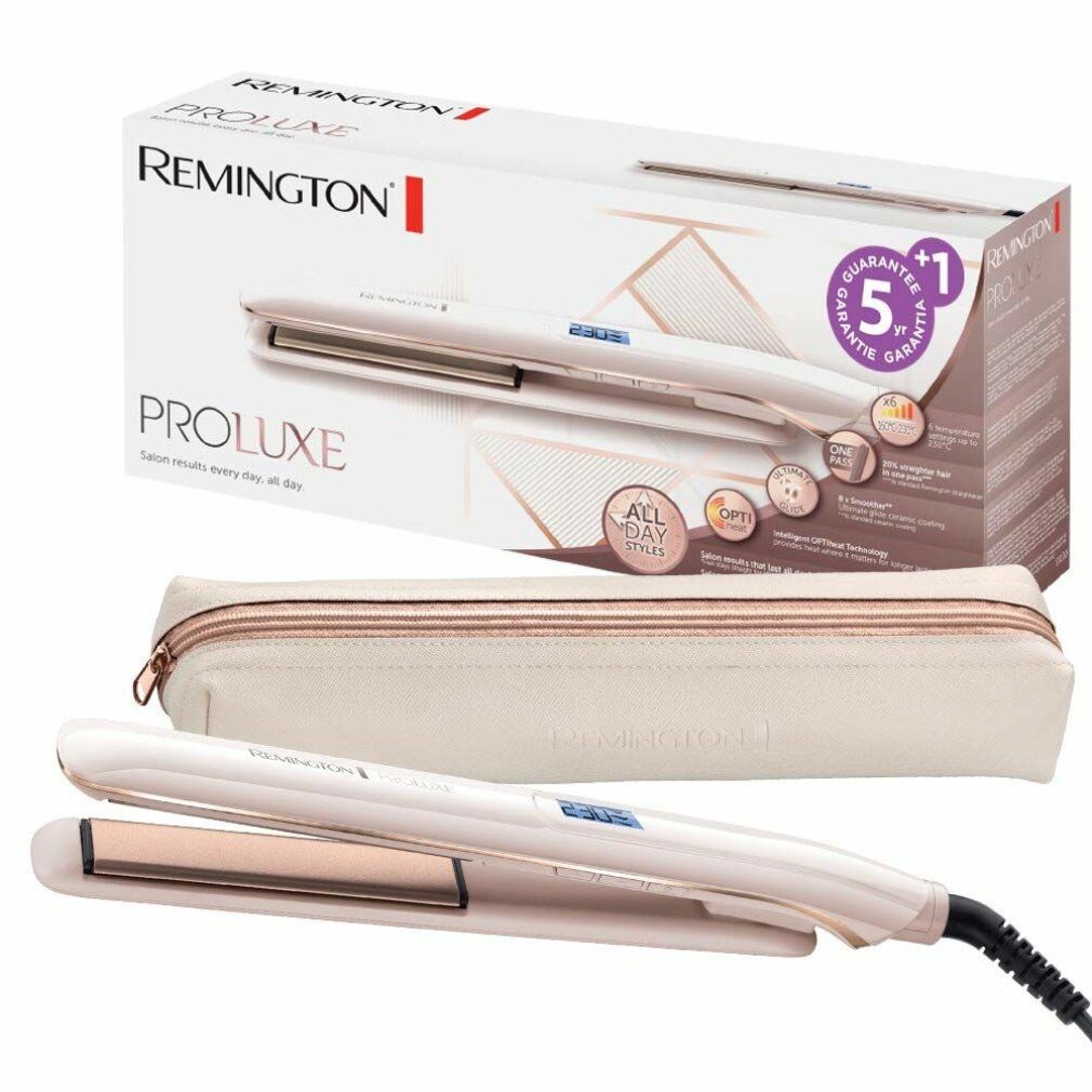 Haarglätter mit Verpackung und Etui. Beige und weiß. Marke Remington Proluxe. Mit Garantie-Logo.