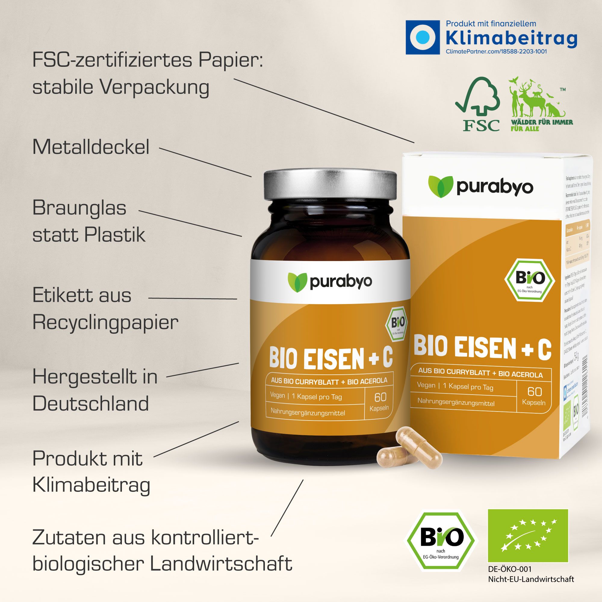 Produktverpackung mit Flasche und Karton 'BIO EISEN + C'. FSC-Siegel, Recyclingpapier, Bio-Siegel.