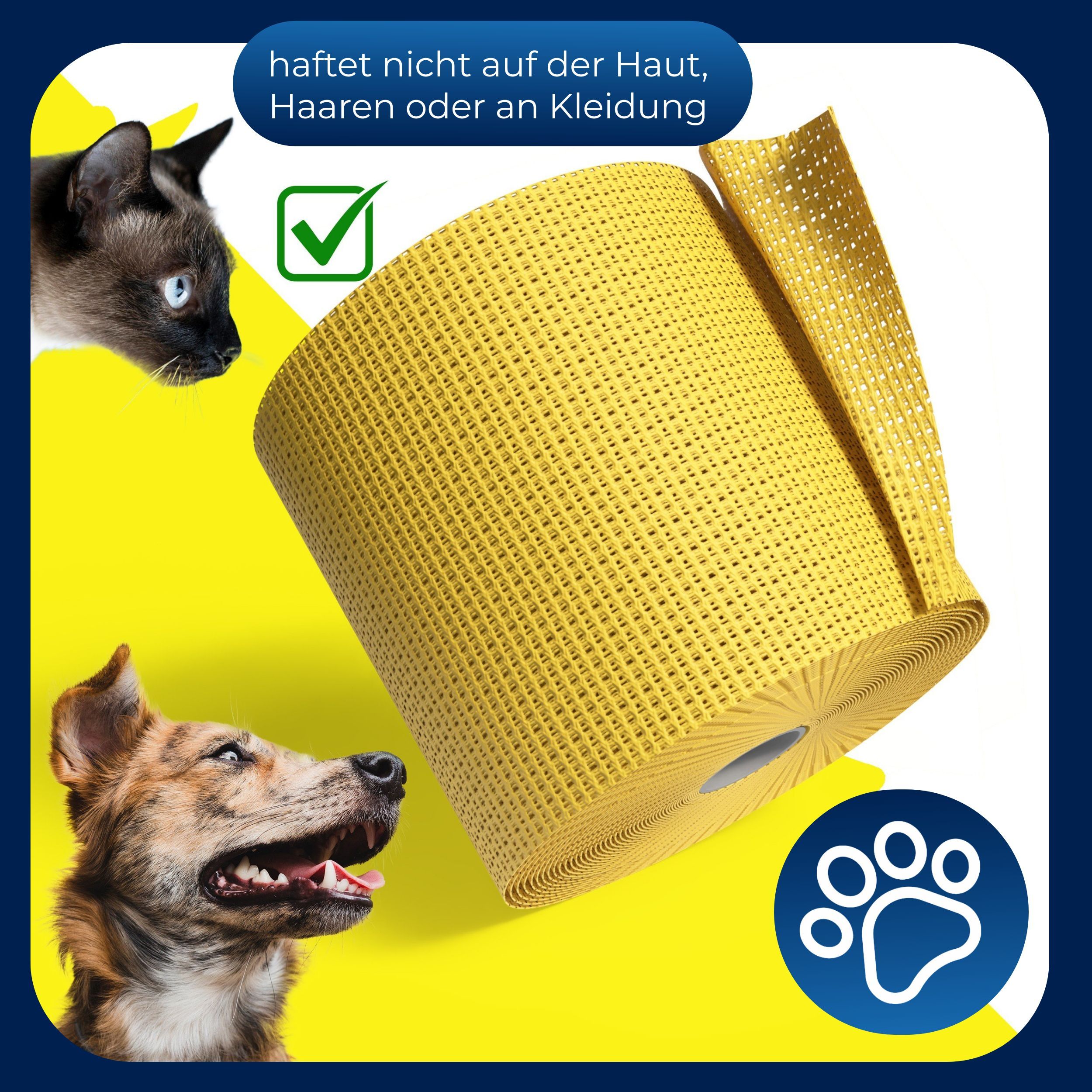 Gelbe, kohäsive Haftbandage, aufgerollt. Text: haftet nicht auf der Haut, Haaren oder an Kleidung. Abbildung mit Katze und Hund.