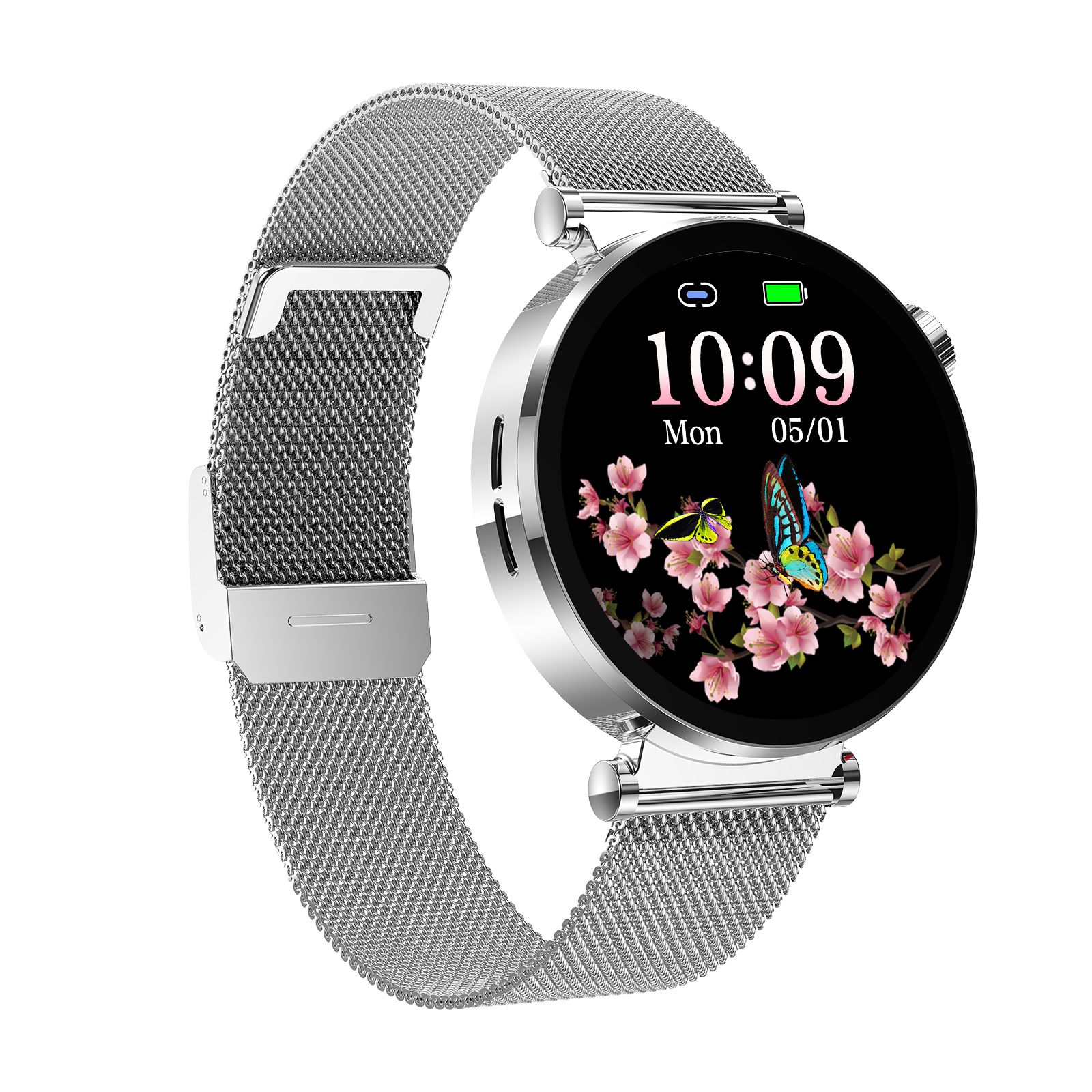 Silberfarbene Smartwatch mit rundem Zifferblatt. Auf dem Display: Uhrzeit, Datum, Akkuanzeige und ein Blumen-Schmetterling-Motiv. Edelstahl-Armband.