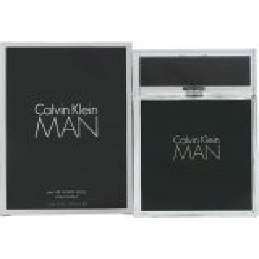 Calvin Klein Man Flakon und Verpackung. Schwarze Verpackung, rechteckiger Flakon. Schriftzug "MAN".
