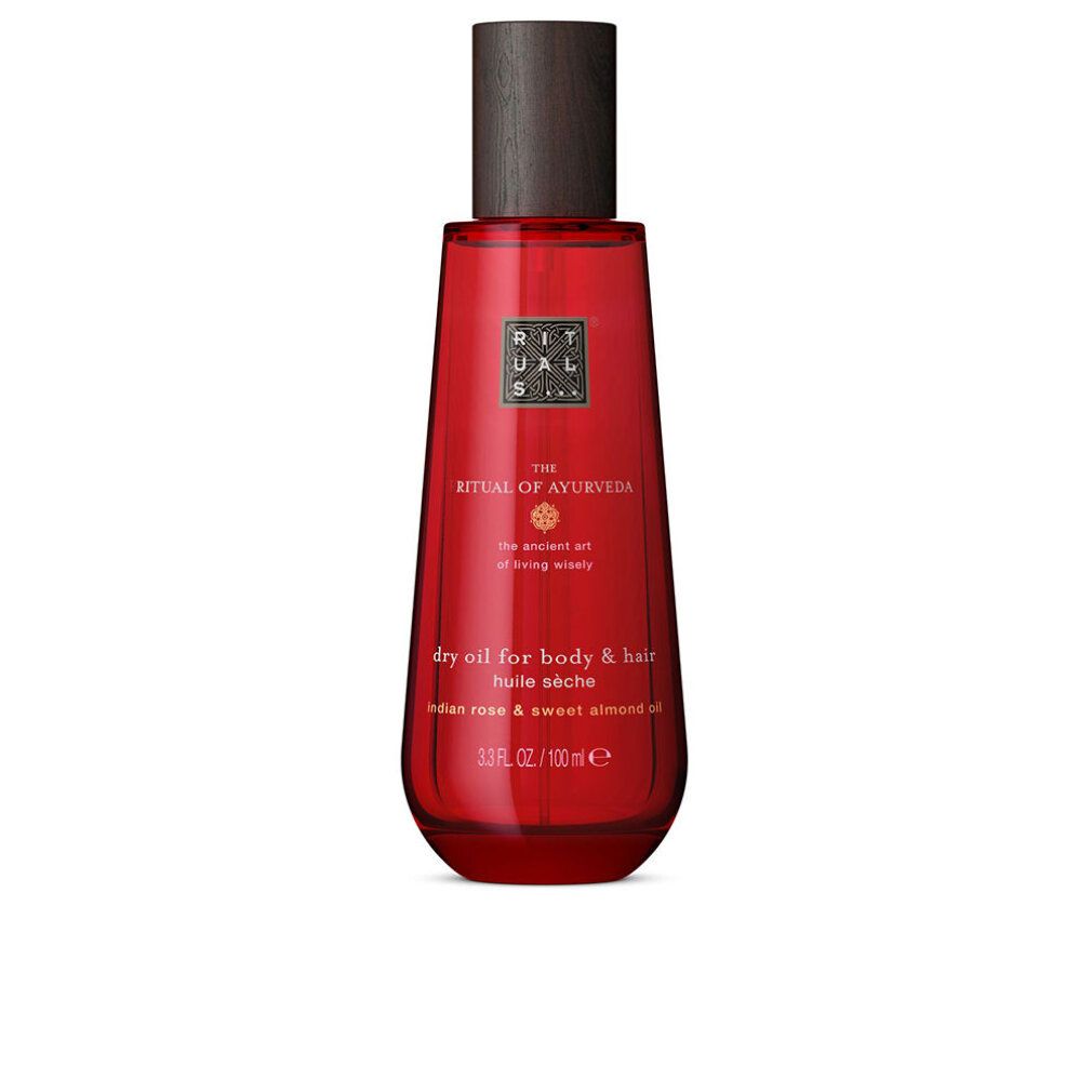 Rote Glasflasche mit Holzdeckel, Rituals The Ritual Of Ayurveda Trockenöl für Körper und Haare.