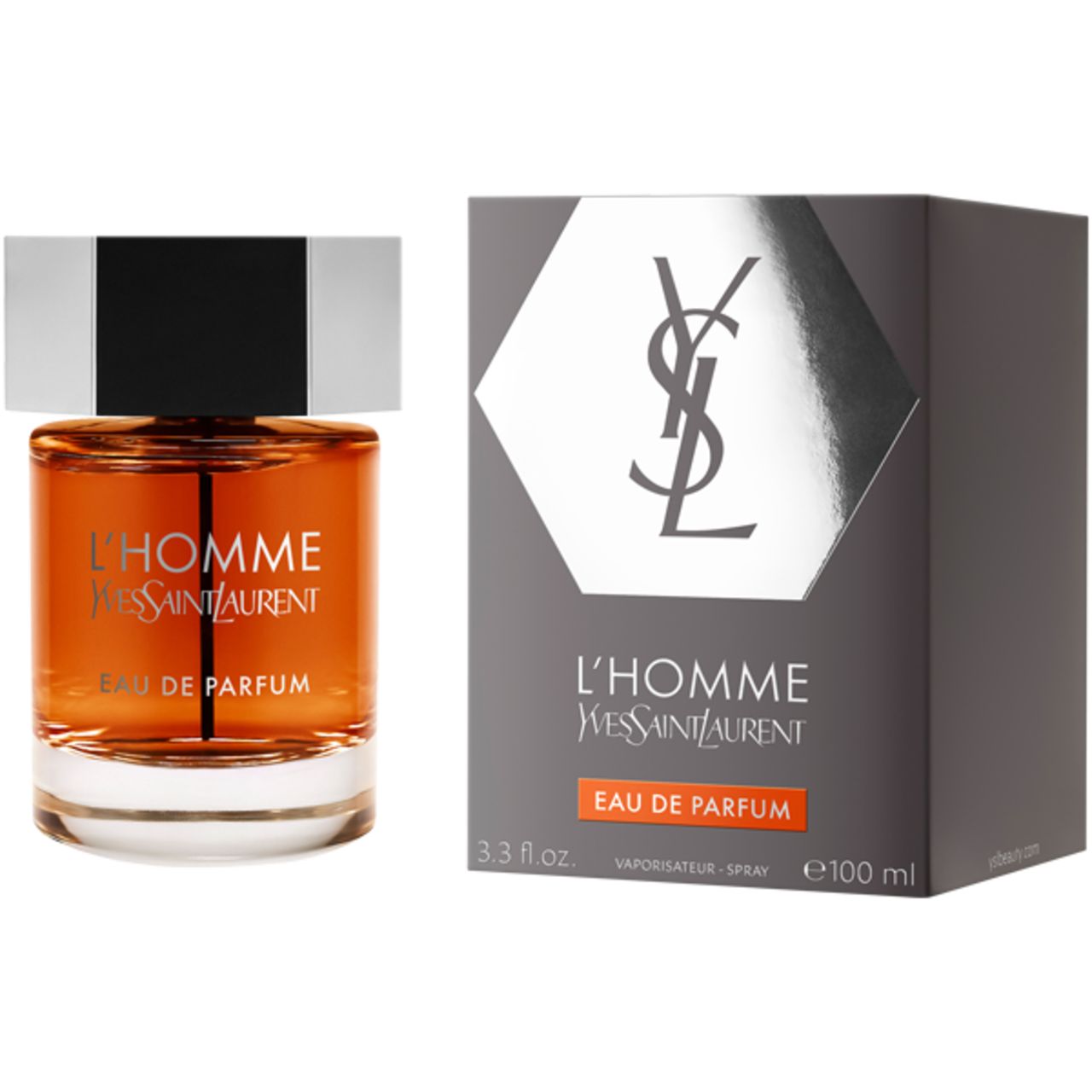 Flakon und Verpackung von Yves Saint Laurent L'Homme Intense Eau de Parfum. Flakon mit silbernem Deckel und schwarzem Einsatz.