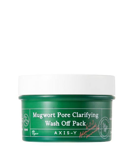 Grüner Tiegel mit weißem Deckel. Aufschrift: Mugwort Pore Clarifying Wash Off Pack. Marke AXIS-Y.