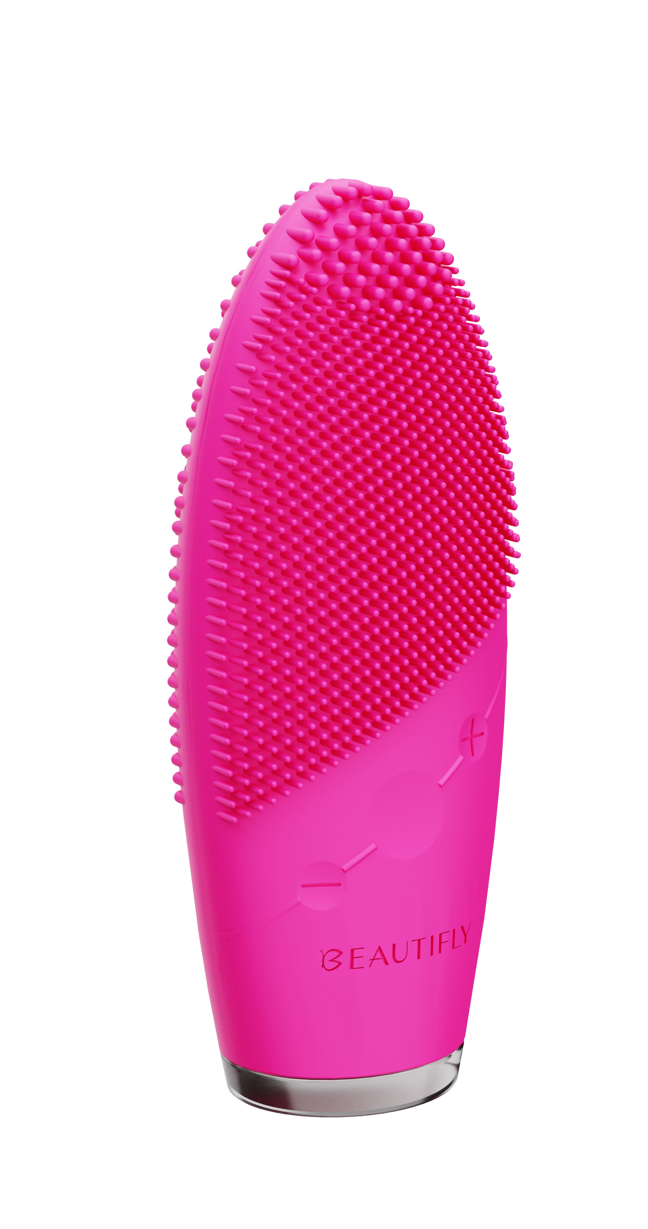 Pinkfarbene Schall-Gesichtsbürste mit Noppen. Marke BEAUTIFLY. Ovale Form, silberfarbener Sockel. Plus- und Minuszeichen.