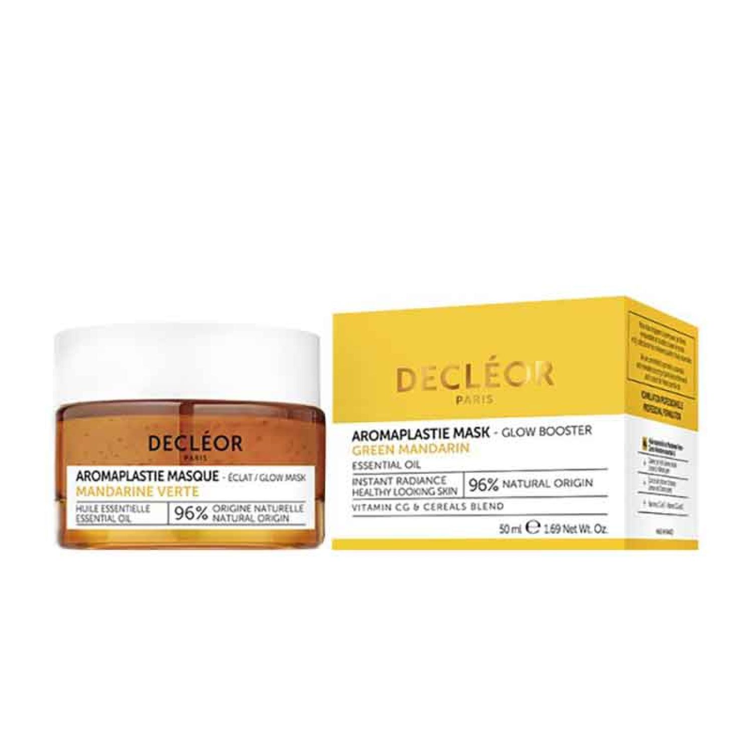 Produkt von Decleor. Tiegel mit Maske und gelbe Verpackung. Aufschrift: Aromaplastie Mask, Green Mandarin, 96% natürliche Inhaltsstoffe.