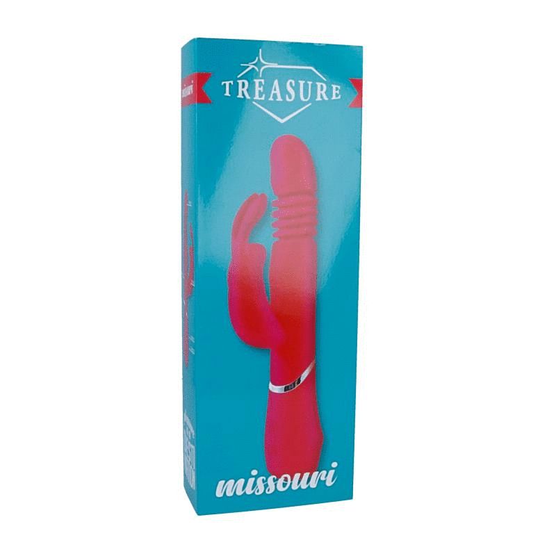 Verpackung mit rosa Vibrator. Aufschrift 'TREASURE' und 'missouri'. Blau-türkisfarbener Hintergrund.
