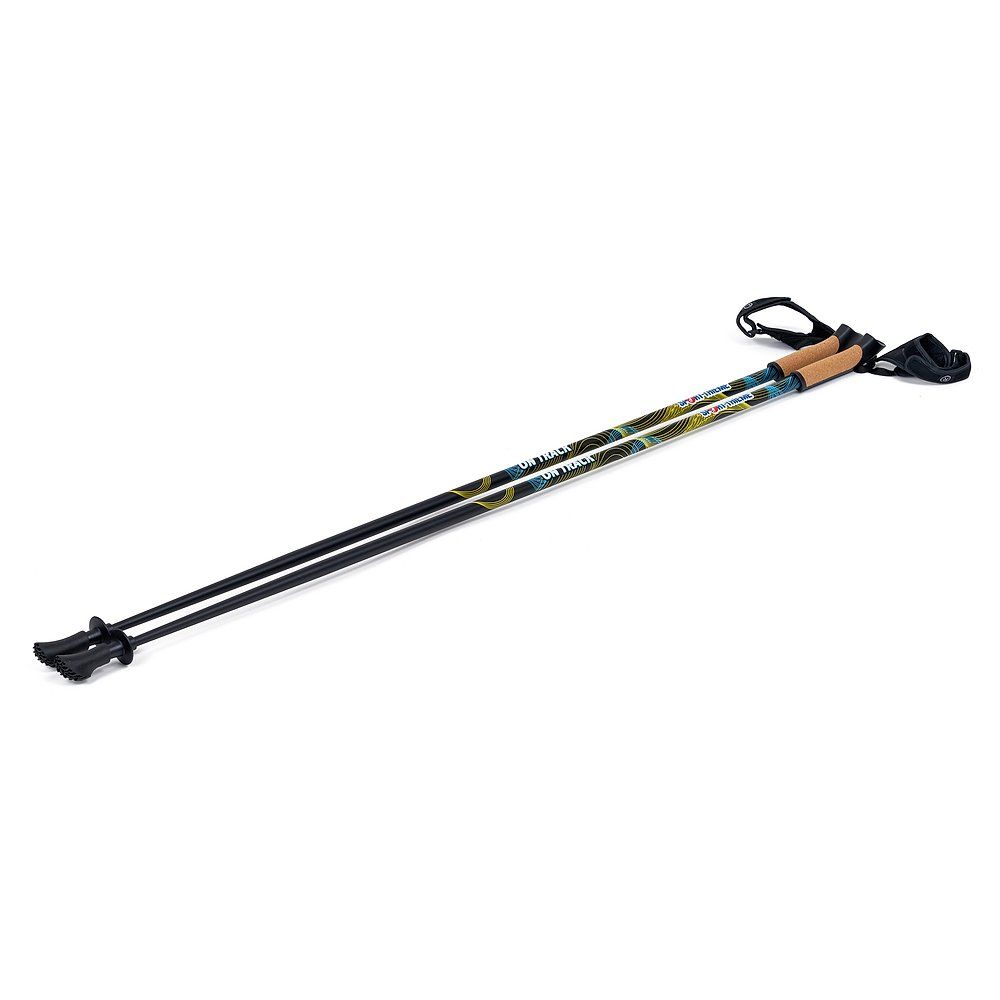 Zwei Nordic-Walking-Stöcke liegen diagonal. Schwarze Stangen mit gelben und blauen Akzenten. Korkgriffe und Handschlaufen.