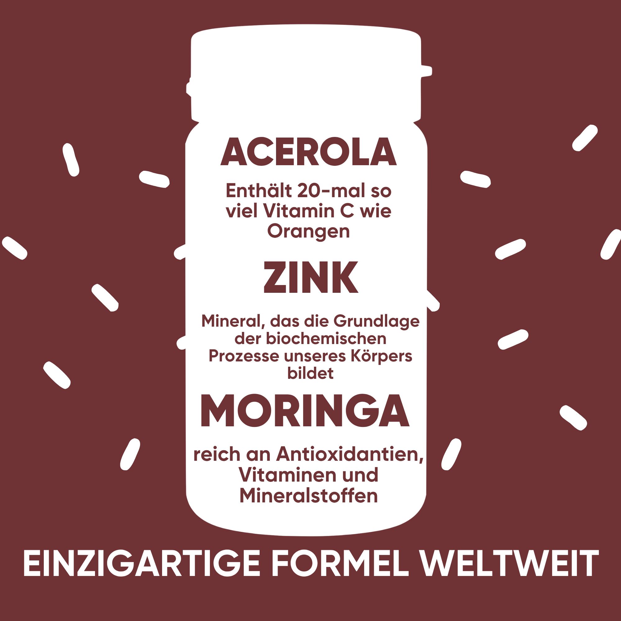 Flasche mit Acerola, Zink und Moringa. Enthält 20x mehr Vitamin C als Orangen.