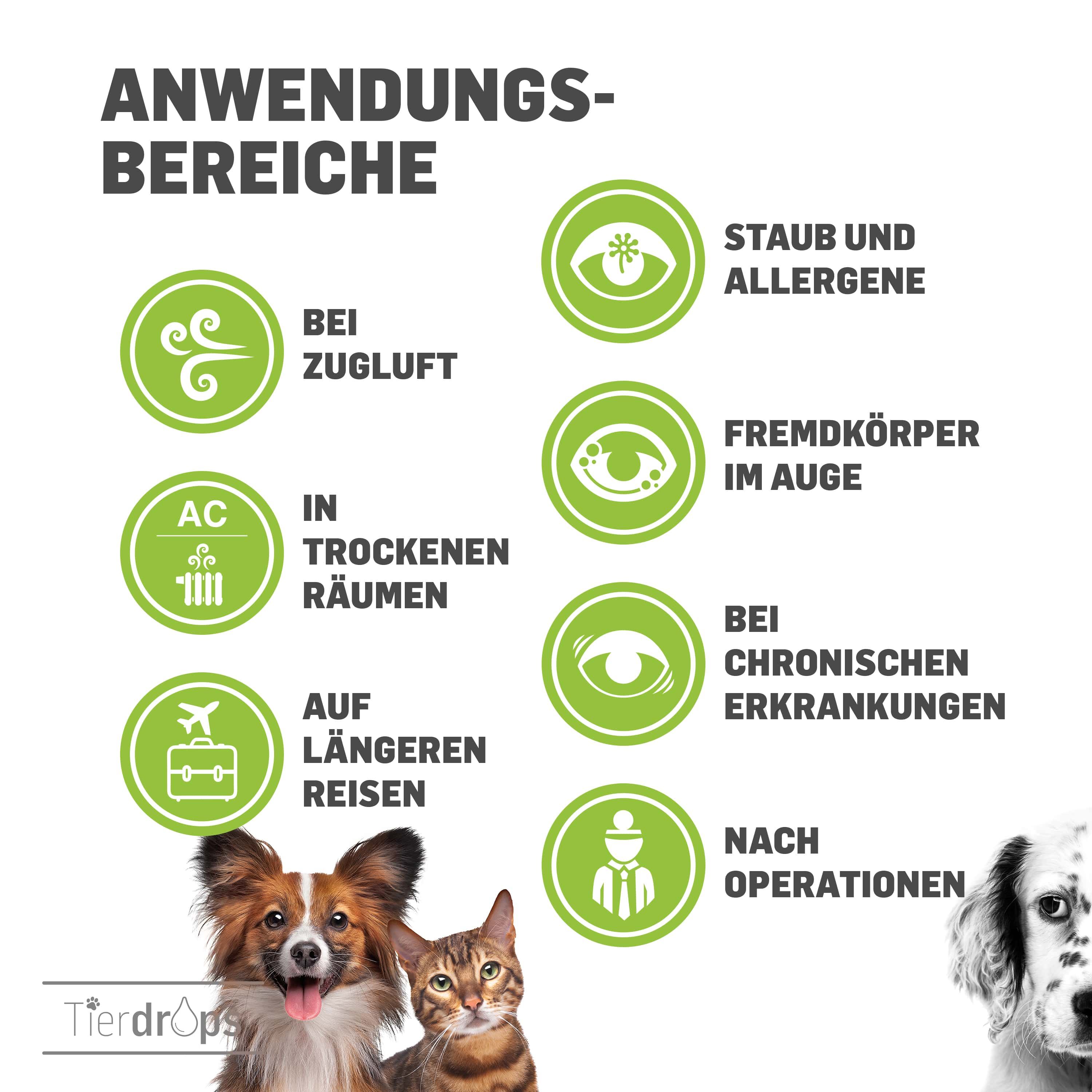 Kreisförmige Symbole mit Text. Anwendungsbereiche: Zugluft, trockene Räume, längere Reisen, chronische Erkrankungen, Operationen.