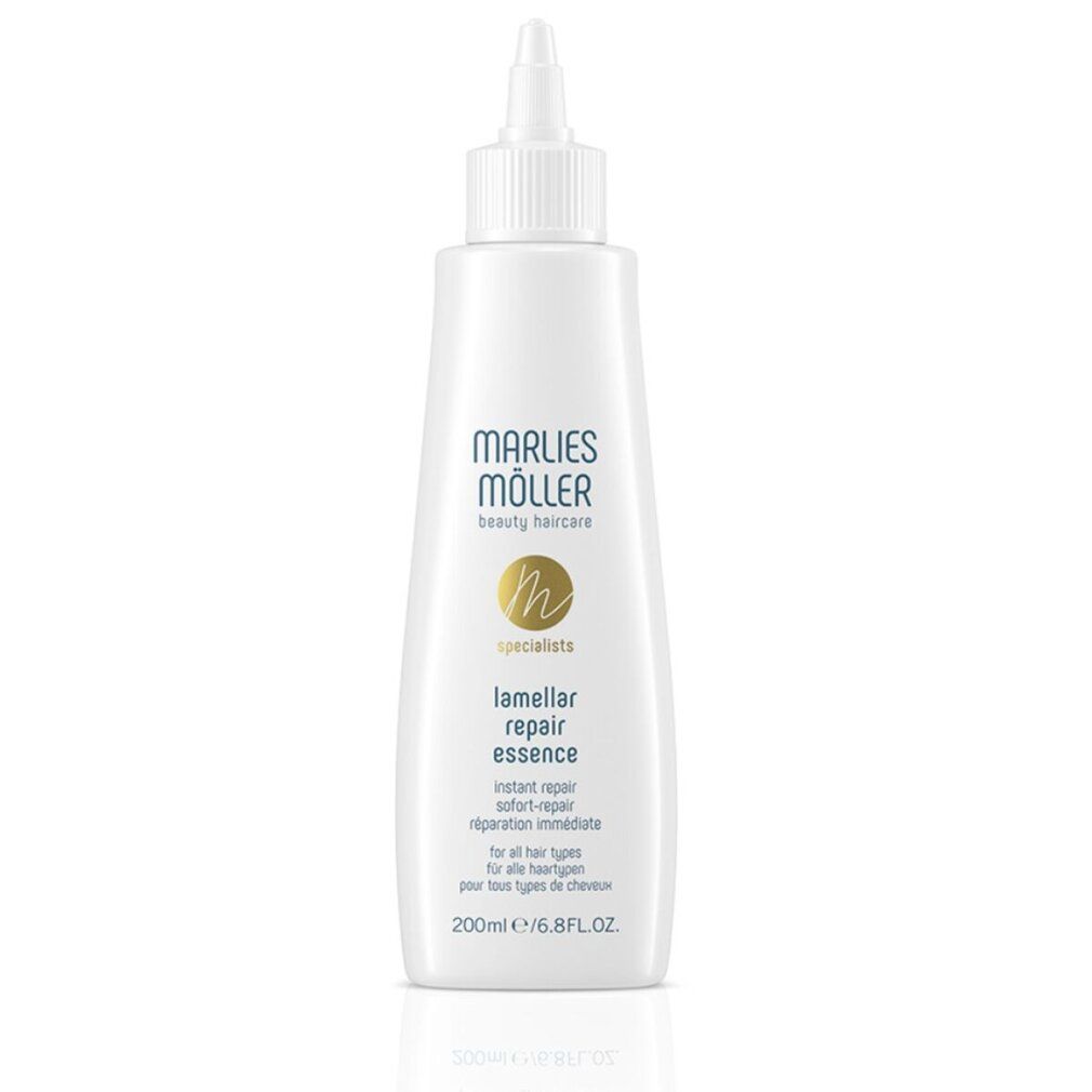Flacone bianco con beccuccio dosatore. Scritta: Marlies Möller, Lamellar Repair Essence. 200ml.