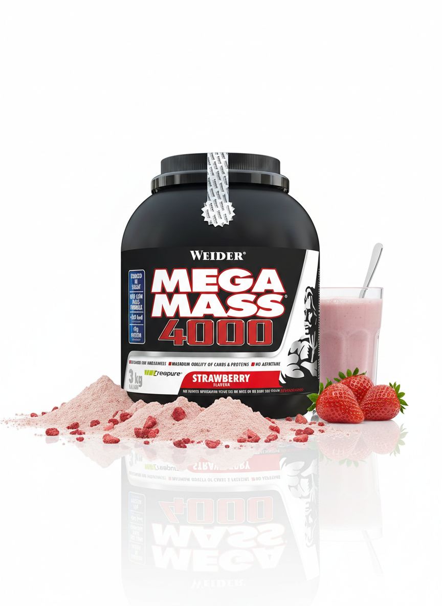 Weider Mega Mass 4000 Erdbeergeschmack. Behälter, Pulver, Glas mit Shake und Erdbeeren.