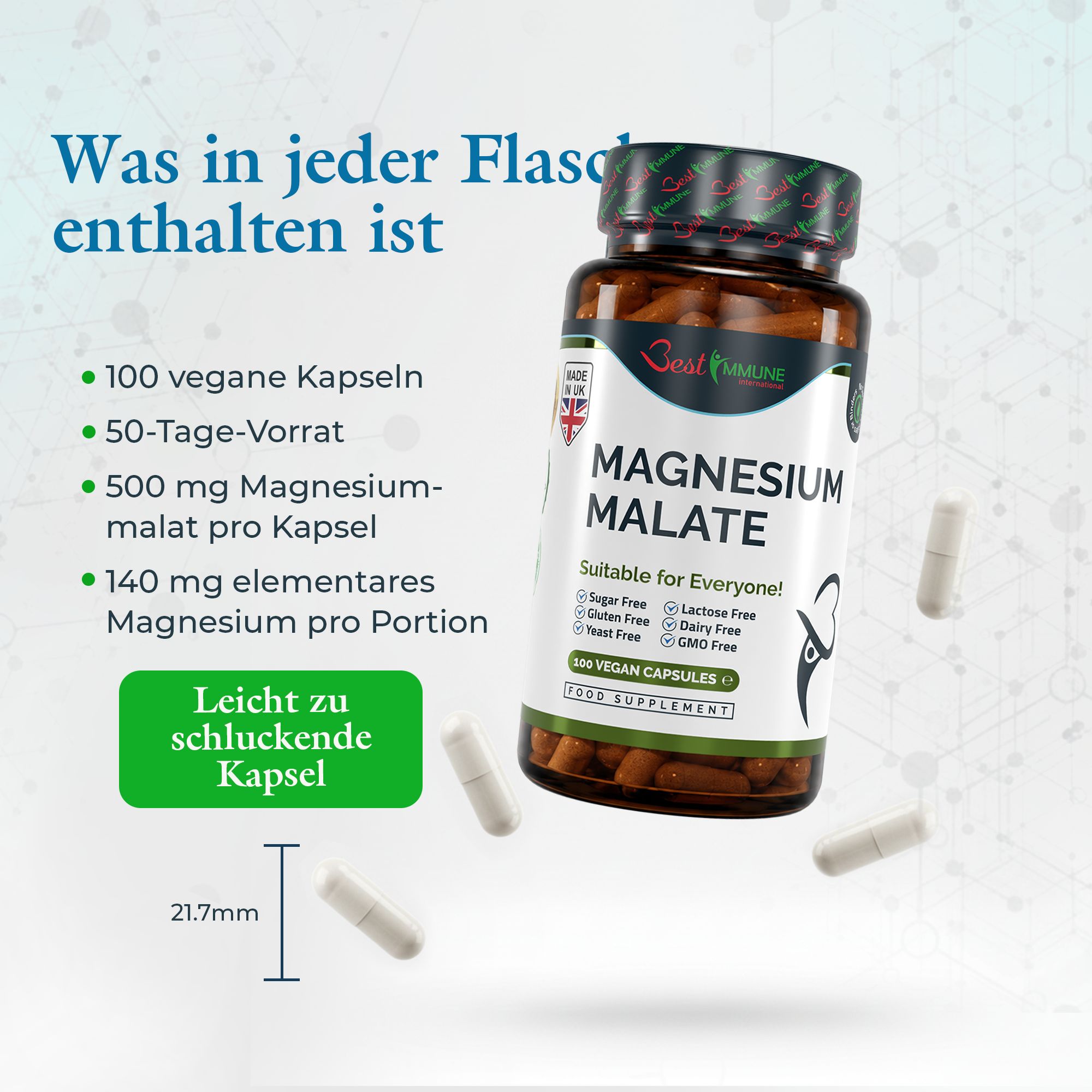 Flasche Magnesiummalat mit Auflistung von 100 veganen Kapseln, 50-Tage-Vorrat, 500mg pro Kapsel.