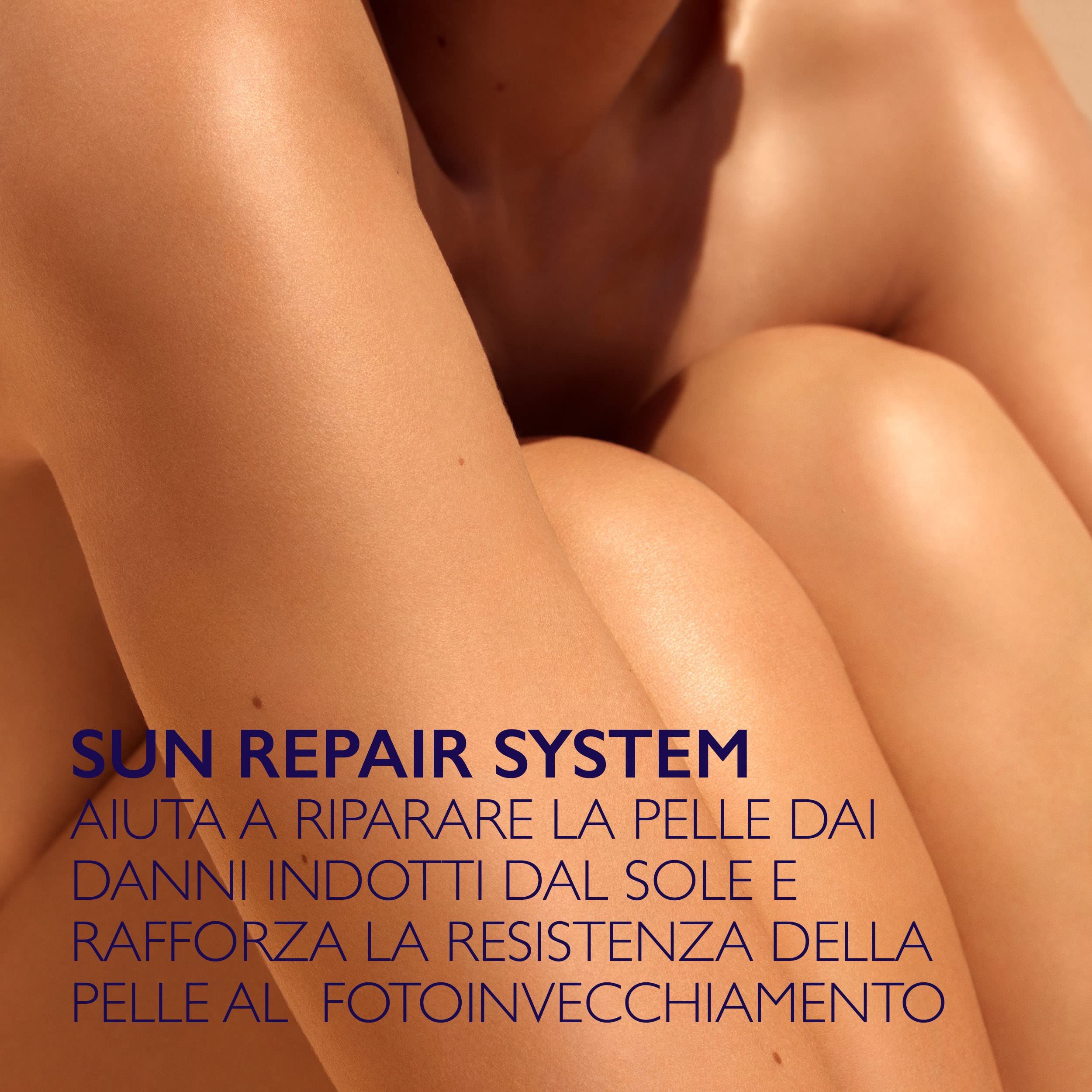Nahaufnahme von Beinen und Oberschenkeln. Text: SUN REPAIR SYSTEM. Hilft, die Haut vor Sonnenschäden zu reparieren.