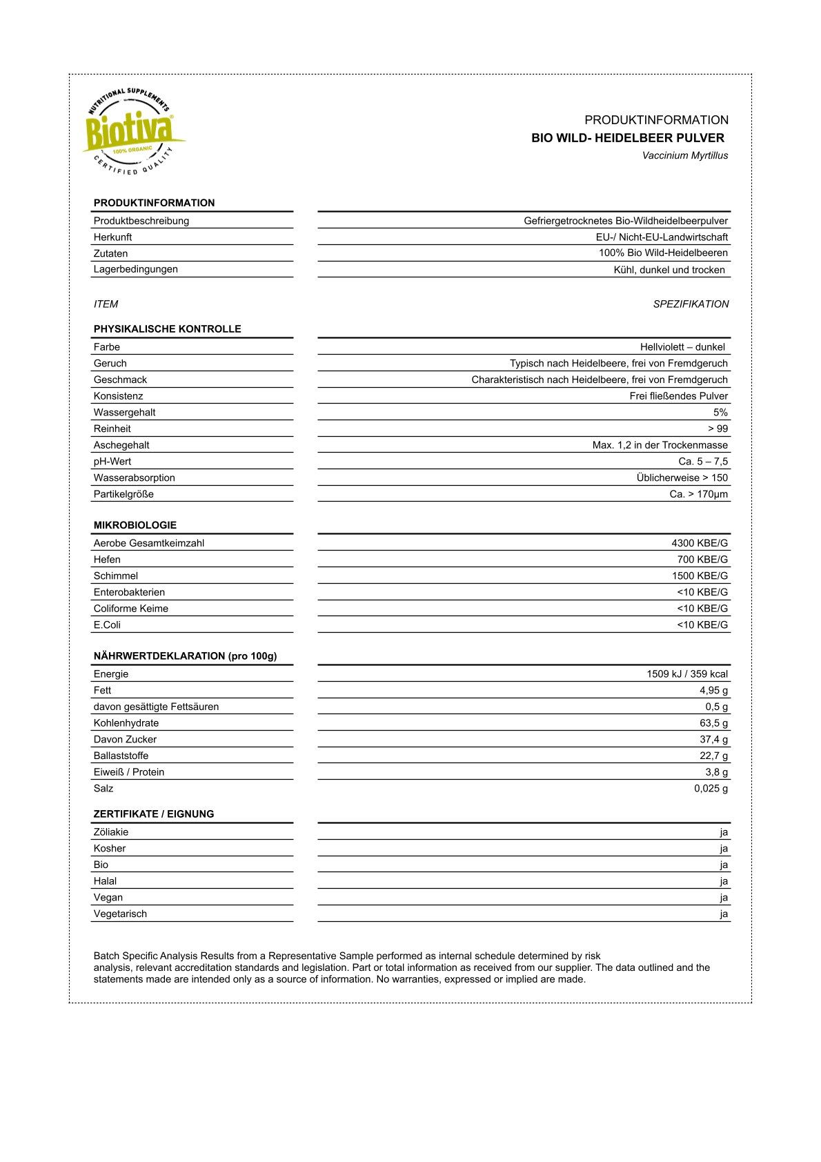 Weißes Dokument mit Tabellen und Text. Produktinformationen, physikalische Kontrollen, Mikrobiologie, Nährwertdeklaration, Zertifikate.