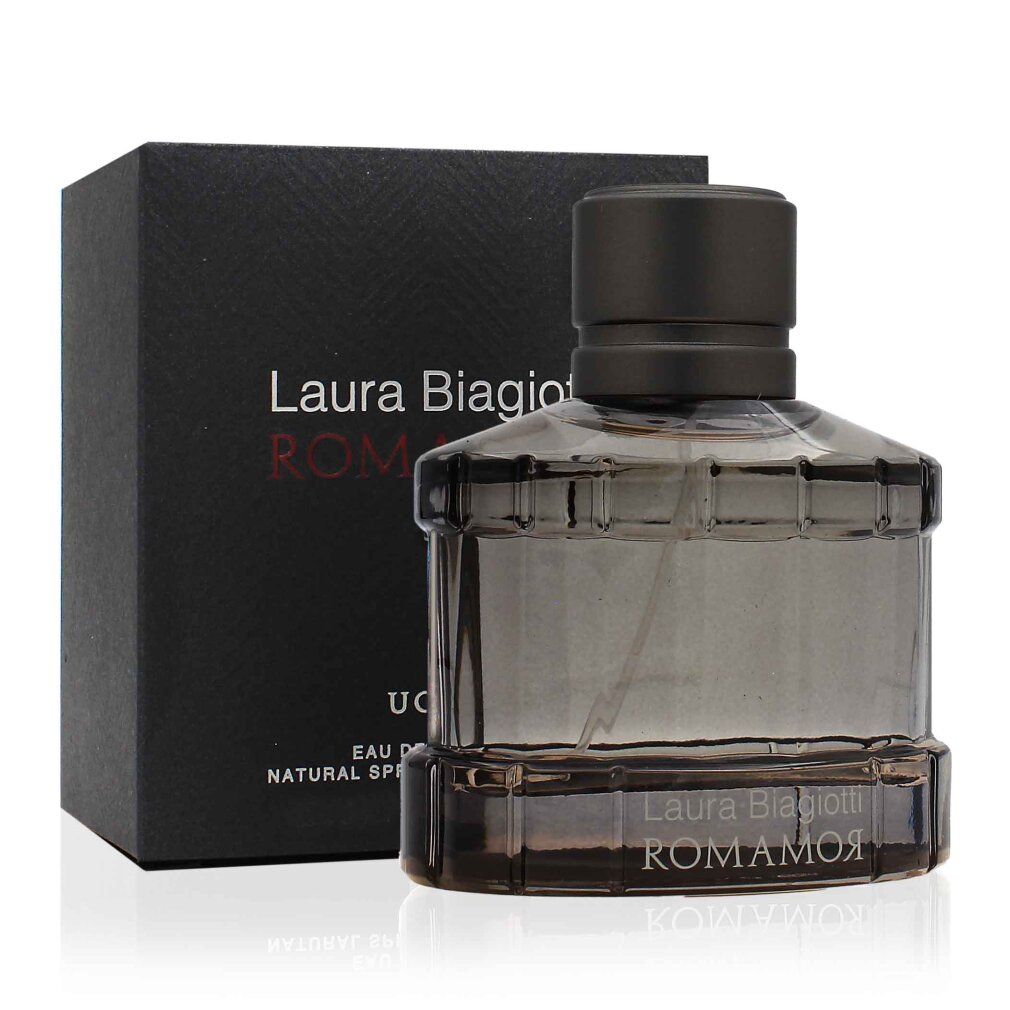 Grauer Glasflakon mit schwarzem Deckel und schwarzer Verpackung. Aufschrift: Laura Biagiotti ROMAMOR UOMO.