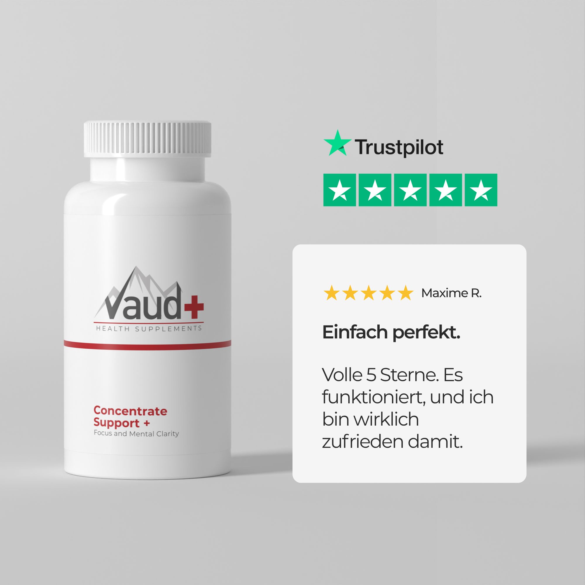 Weiße Flasche mit Schraubverschluss. Vaud+ Logo und Text. Trustpilot-Bewertung mit 5 Sternen. Kundenbewertung.