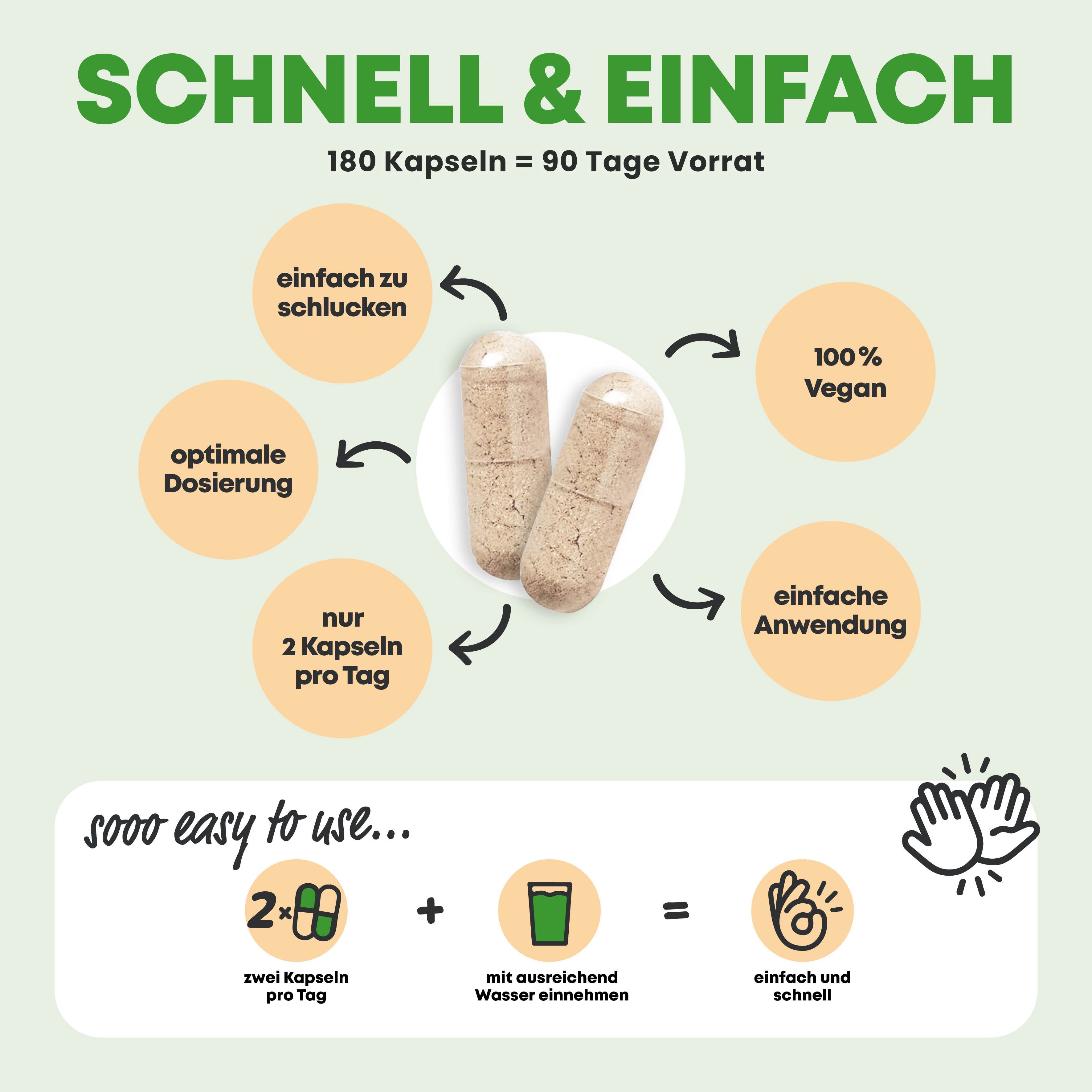 Zwei Bitter Super Foods Kapseln, umgeben von Icons zu einfacher Anwendung und veganer Herkunft.