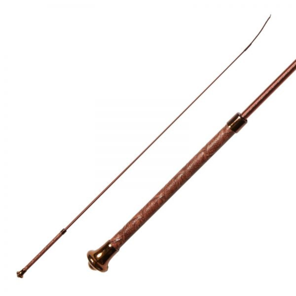Dressurgerte KIEFFER. Brauner Griff, goldfarbener Abschluss. Schlanke, braune Peitsche.