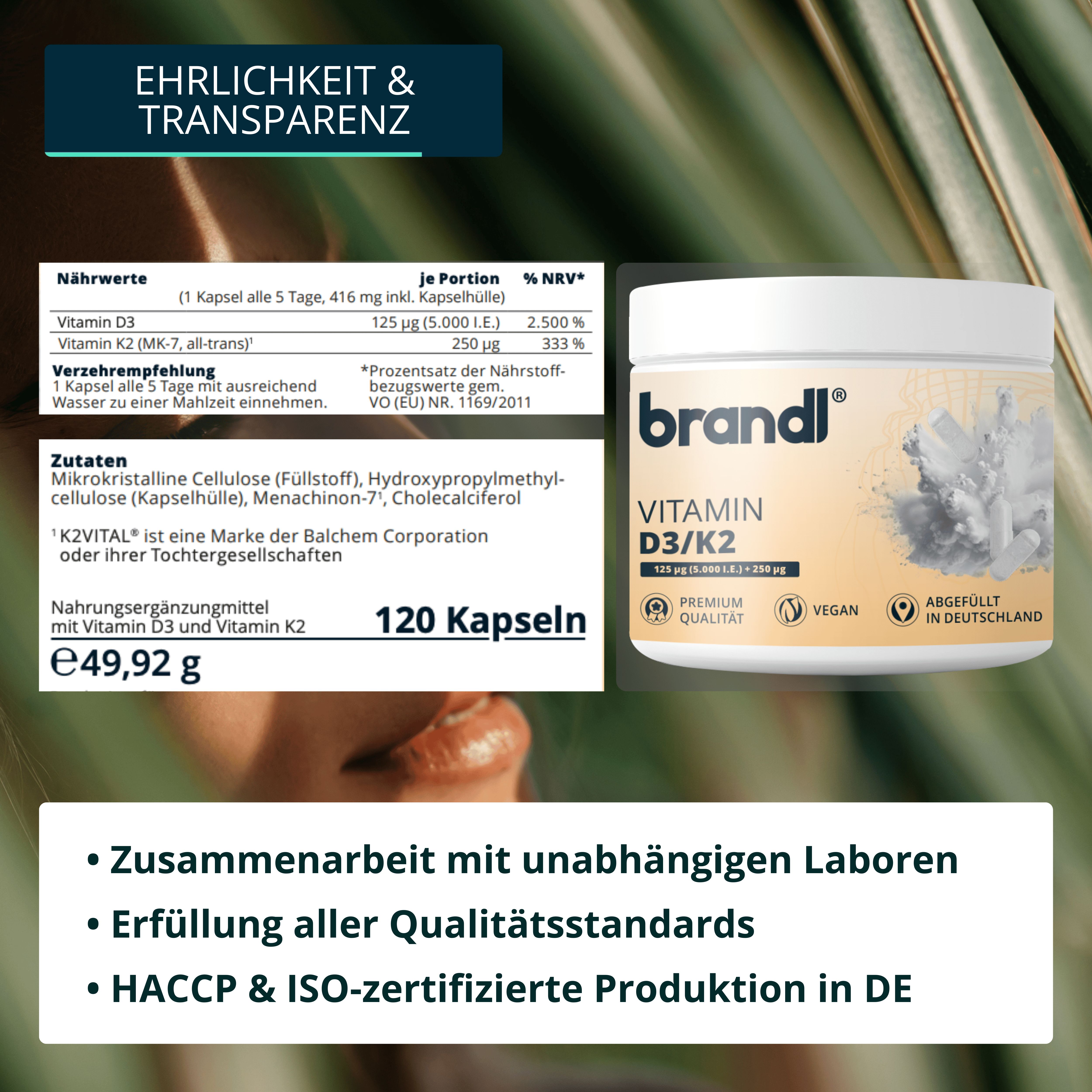 Vitamin D3 K2 Kapseln. 120 Kapseln. Nährwertangaben. Inhaltsstoffe. Hochdosiert. Premium Qualität. Abgefüllt in Deutschland.
