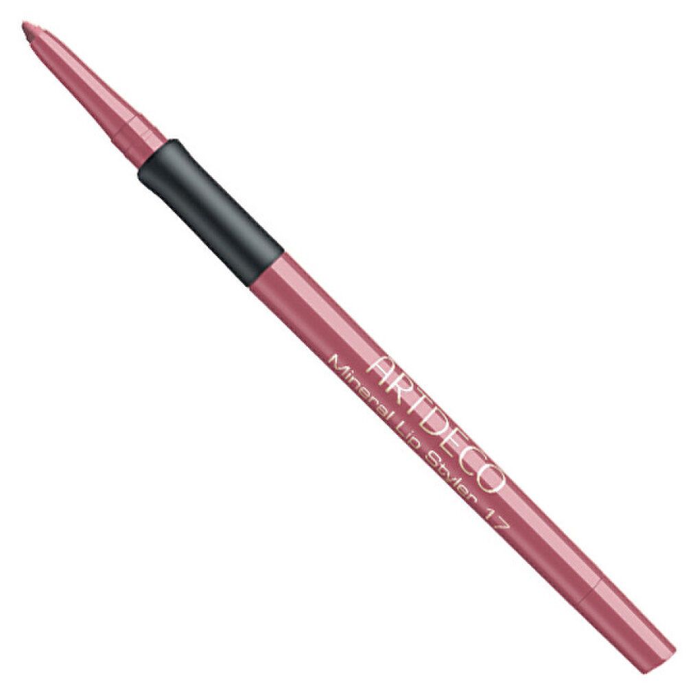Artdeco Mineral Lip Styler, Farbe 17, ein rosafarbener Lipliner mit schwarzem Drehmechanismus.