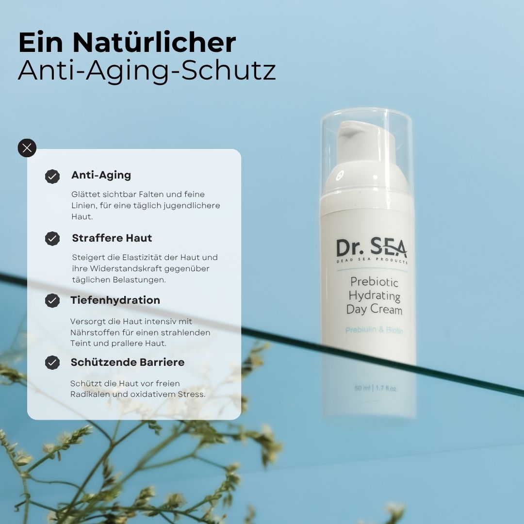 Produktflasche auf Glasplatte. Text: Ein natürlicher Anti-Aging-Schutz. Vorteile: Anti-Aging, straffere Haut, Tiefenhydratation, schützende Barriere.