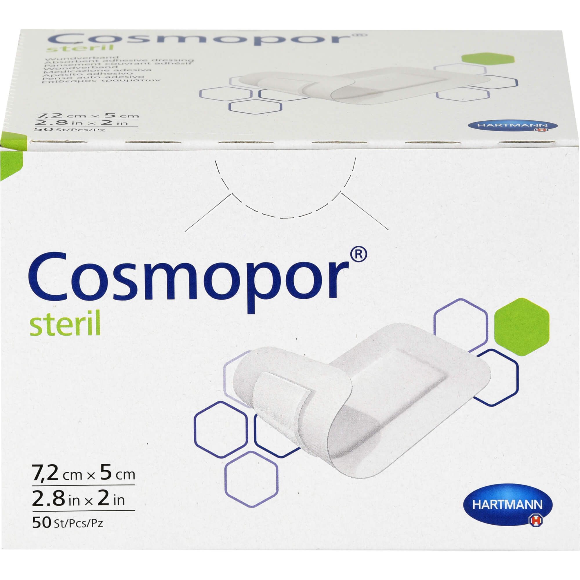 Hartmann Cosmopor® Steril Wundverband-Packung. Weißer Karton mit Produktabbildung. Aufschrift: Cosmopor steril, 7,2 x 5 cm, 50 St/Pcs/Pz. Hartmann Logo.