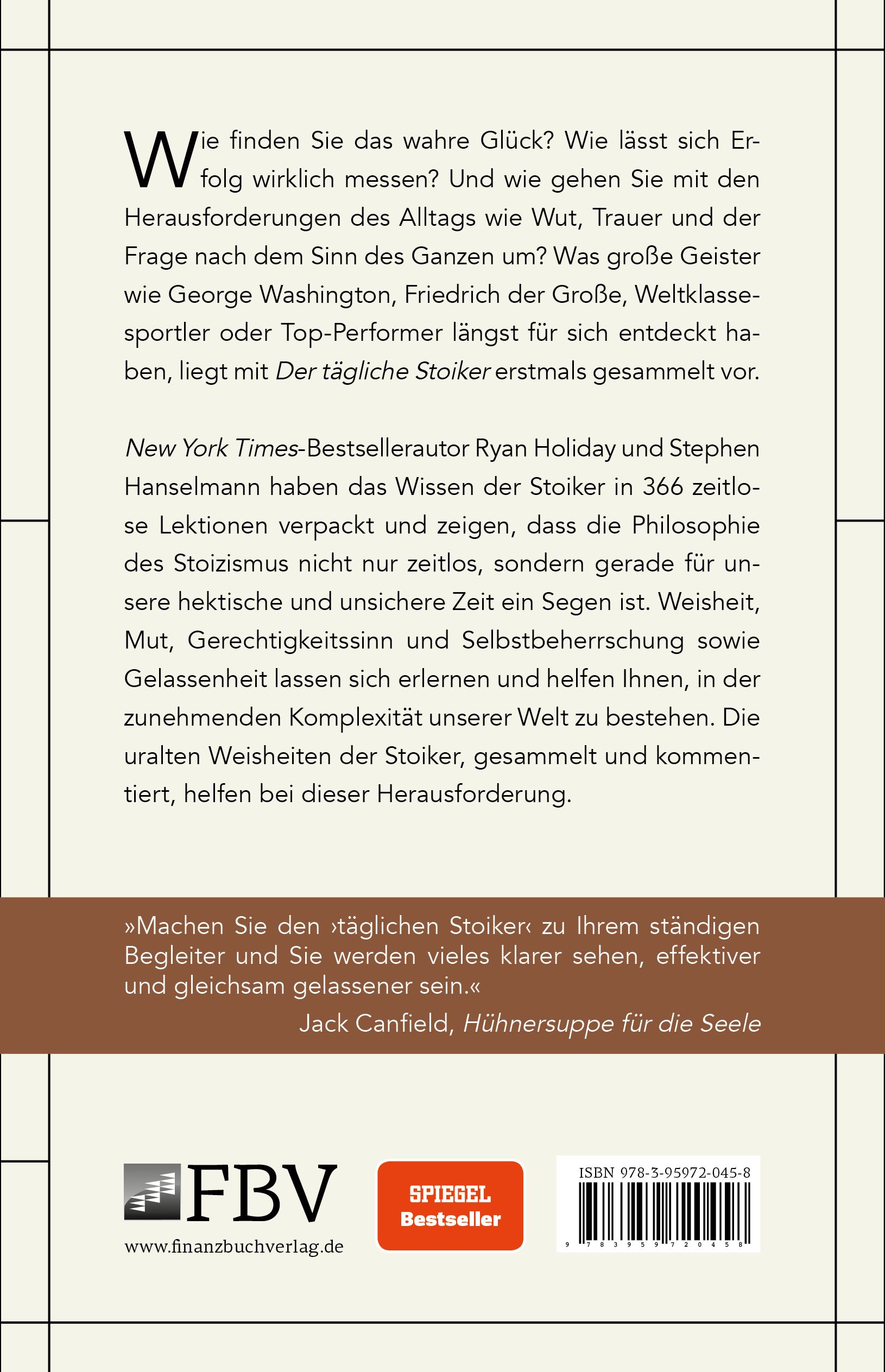 Buchrückseite "Der tägliche Stoiker". Text in Schwarz auf beigem Hintergrund. Logo FinanzBuch Verlag. Spiegel Bestseller.