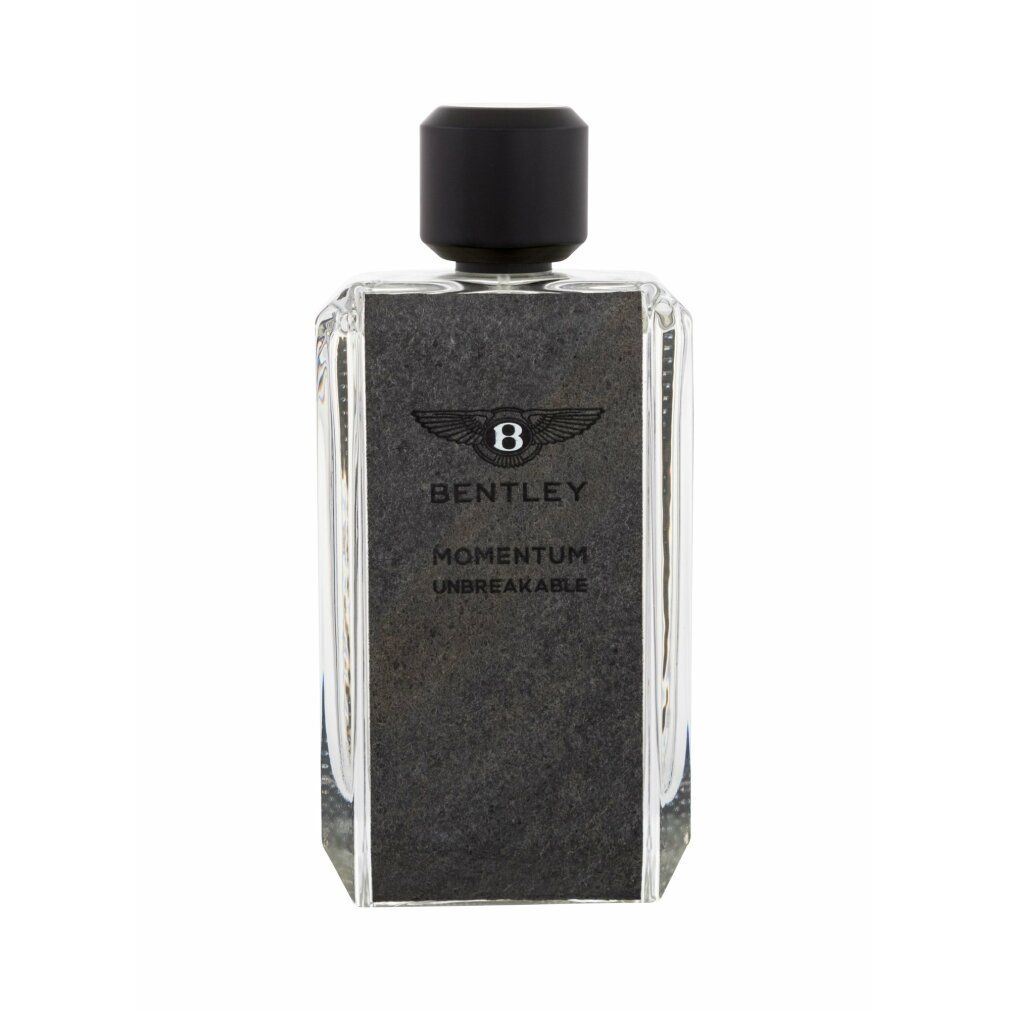 Bentley Momentum Unbreakable EdP Nat. Spray. Flakon. Schwarzer Deckel, grauer Stein-Look, Bentley-Logo. Text: Momentum Unbreakable.