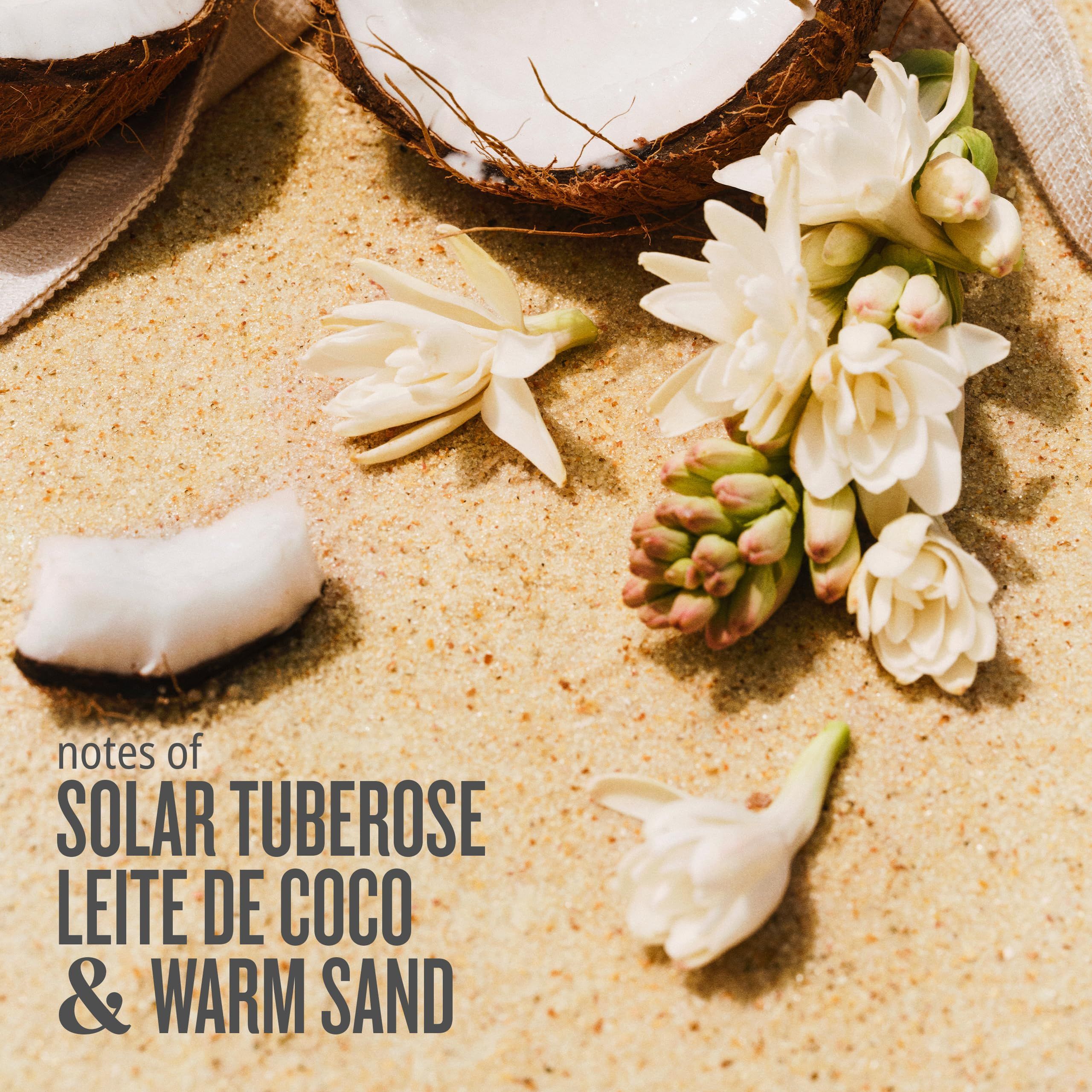 Sand mit Kokosnuss, Blüten und Text: Solar Tuberose, Leite de Coco & Warm Sand.
