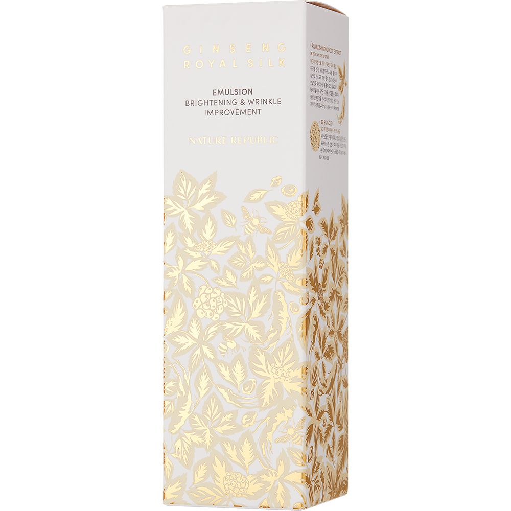 Weiße Schachtel mit goldenem floralen Muster. Text: 'Ginseng Royal Silk Emulsion'. Schriftzug und Marke.