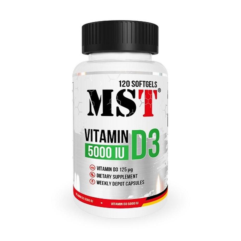 Weißes Fläschchen mit schwarzem Deckel. Aufschrift: MST Vitamin D3. Enthält Nährwertangaben und Inhaltsstoffe. Roter und grüner Aufdruck.