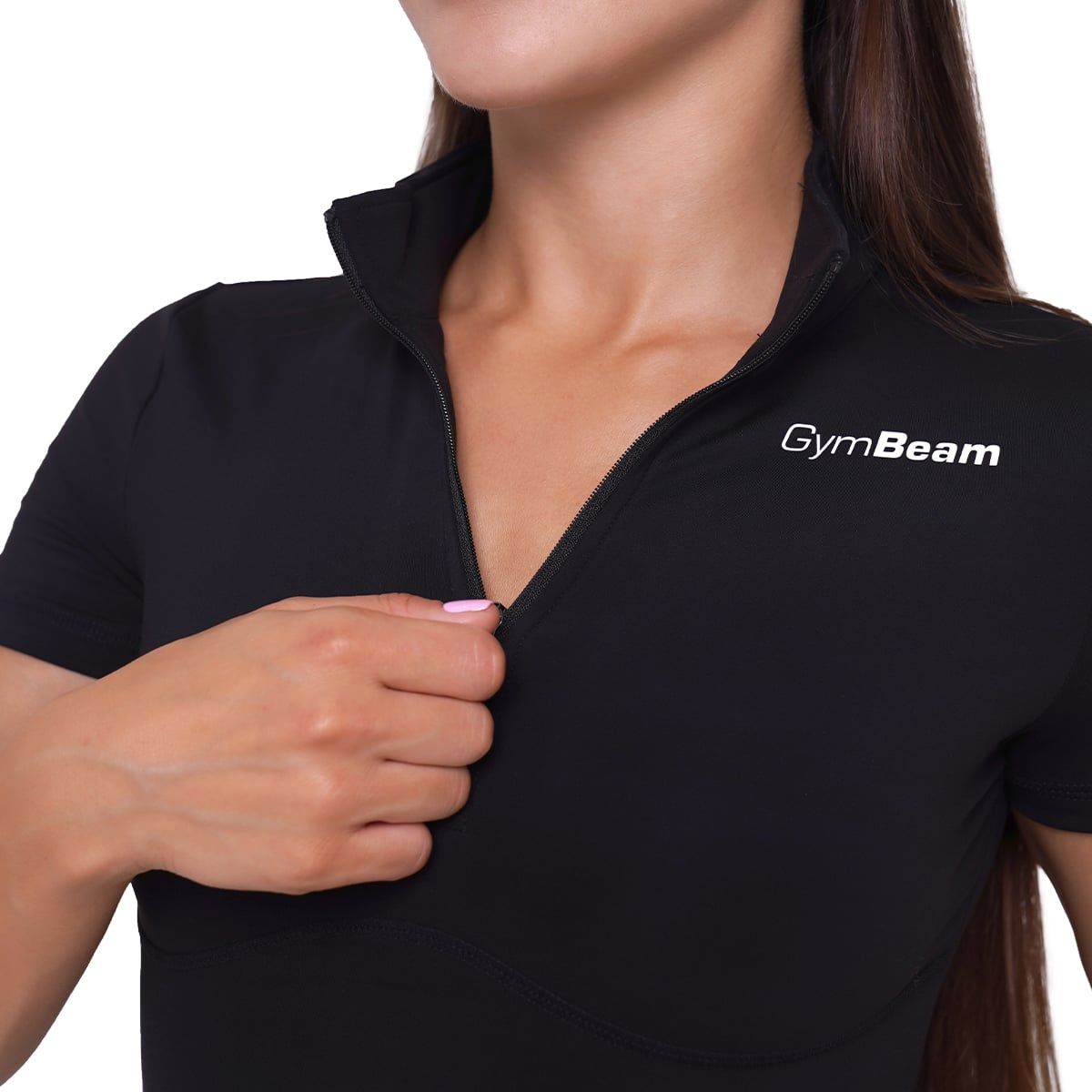 GymBeam Damen Cropped T-Shirt Ignite Slim mit Kragen und Reißverschluss Schwarz
