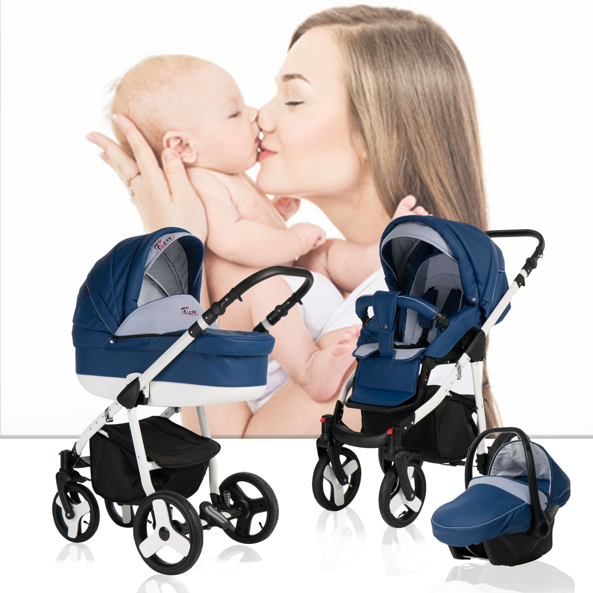 Bebebi Fizzy 4 in 1 Kinderwagen Komplettset ISOFIX Basis Luftreifen, Marine