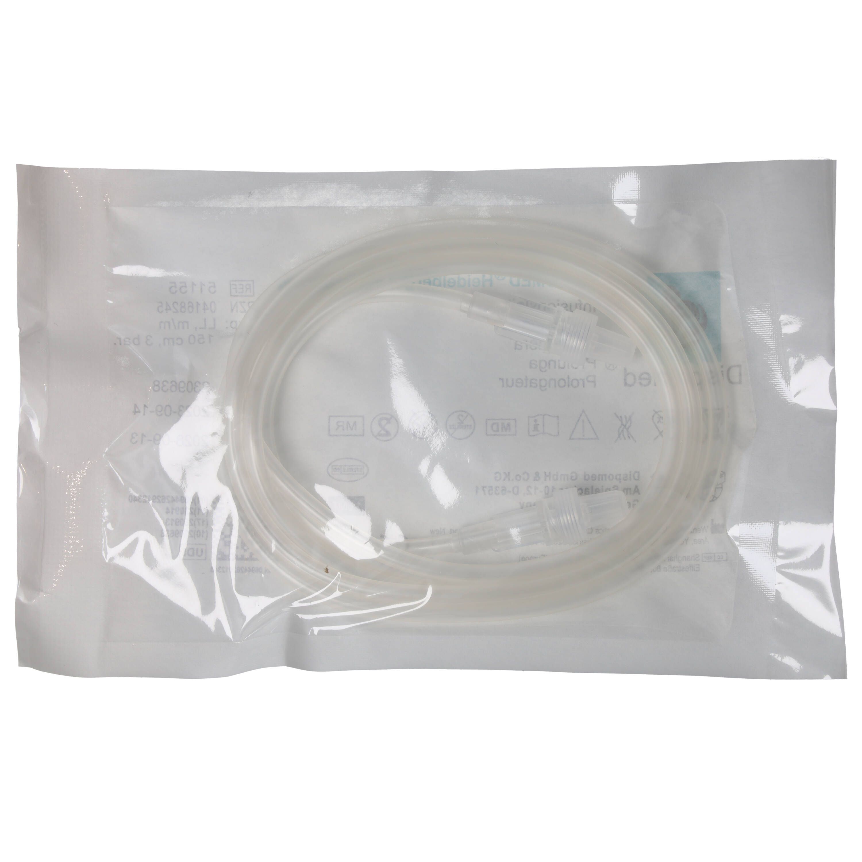 Verpackte Verlängerungsleitung. Produkt in transparenter Folie. Medizinprodukt.