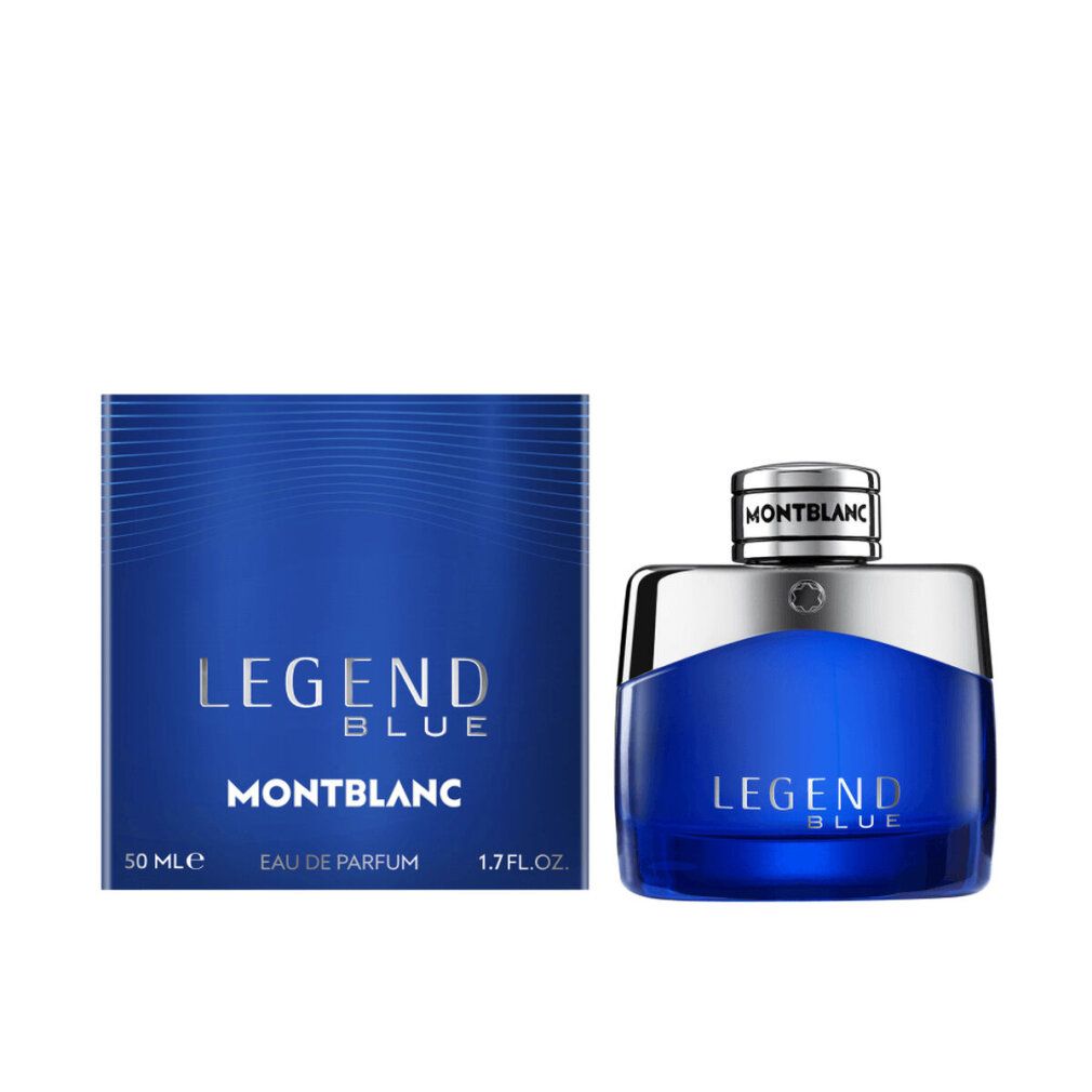 Blauer Flakon und Schachtel. Aufschrift: LEGEND BLUE, MONTBLANC. 50 ml, Eau de Parfum, 1.7 FL.OZ.