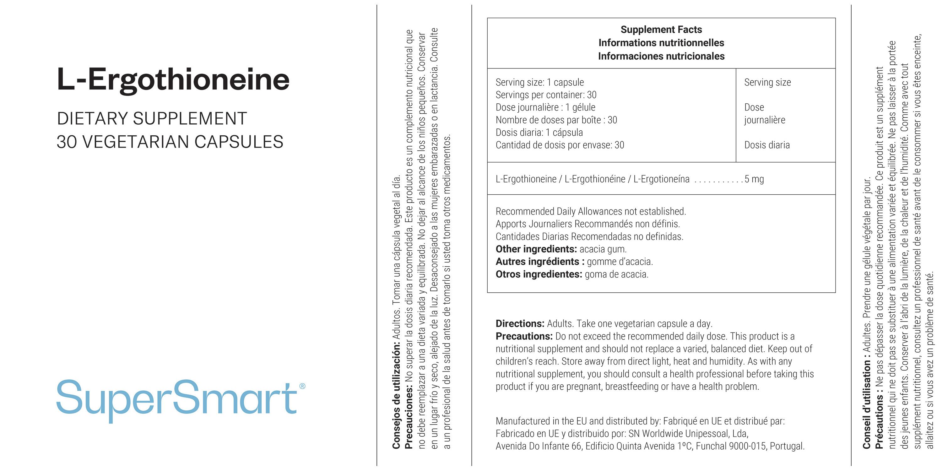 Weißes Etikett mit Produktinformationen. "L-Ergothioneine" und "SuperSmart" sind sichtbar. 30 vegetarische Kapseln.