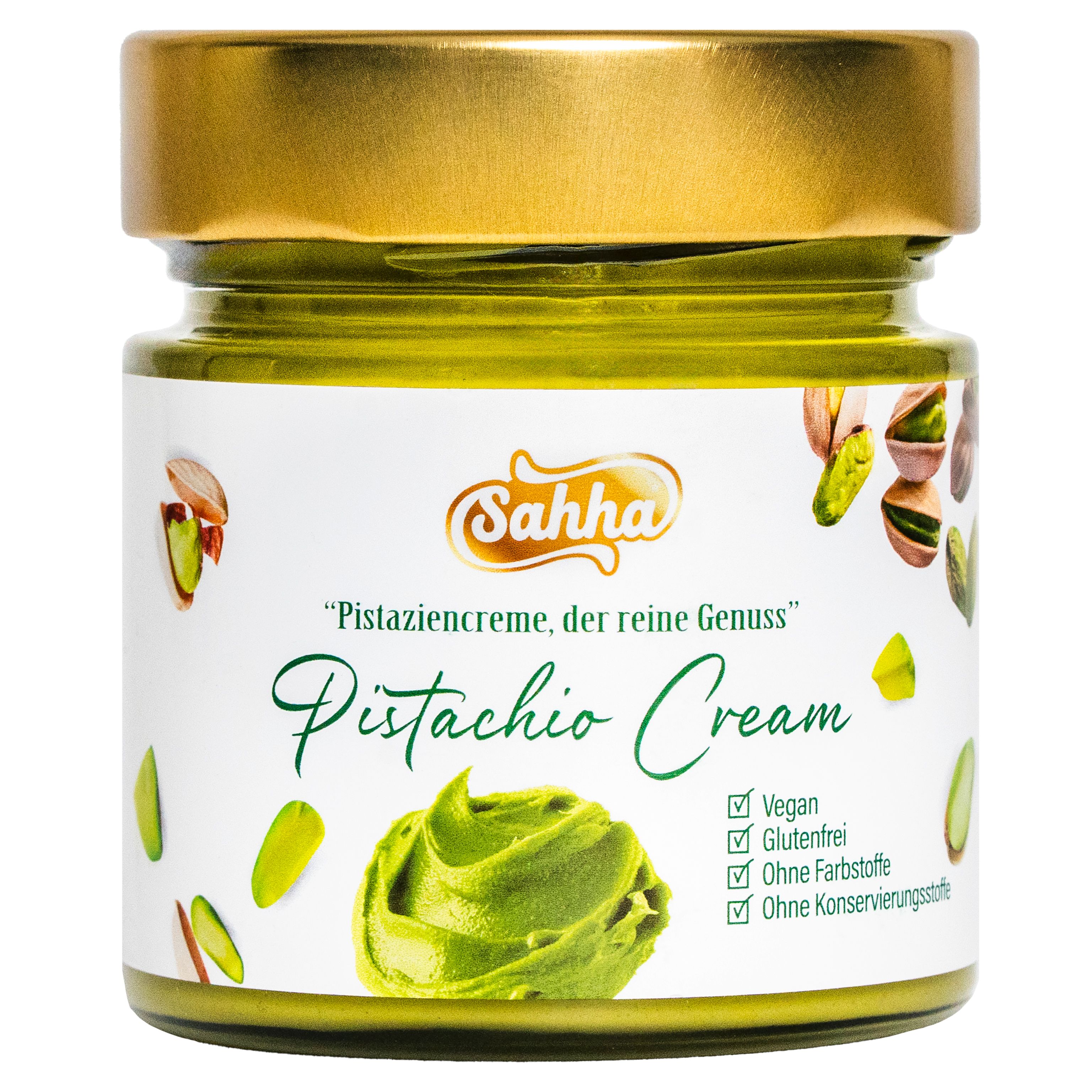 Glas mit Sahha Pistaziencreme. Etikett mit Produktname, Logo und Angaben zu Inhaltsstoffen. Grünes Creme-Produkt sichtbar.