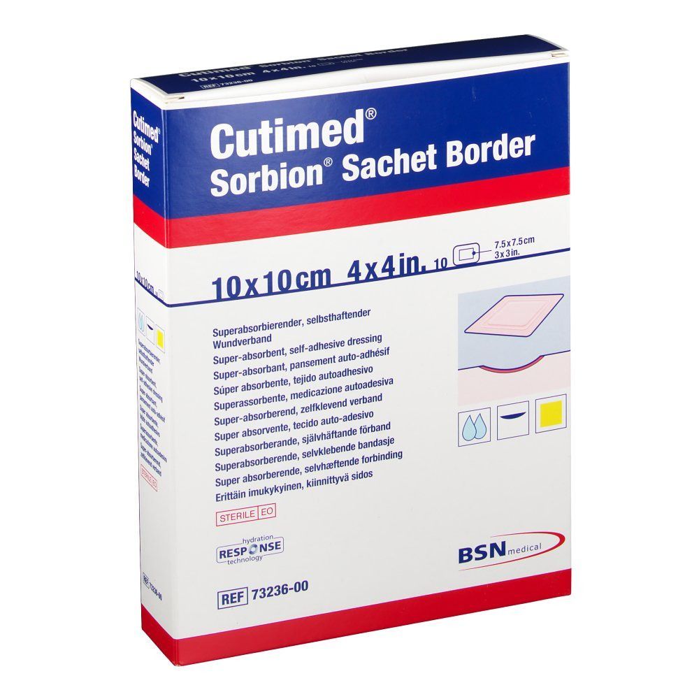 Verpackung von Cutimed Sorbion Sachet Border, 10x10cm. Aufschrift: Superabsorbierend, selbsthaftend. BSN medical Logo.