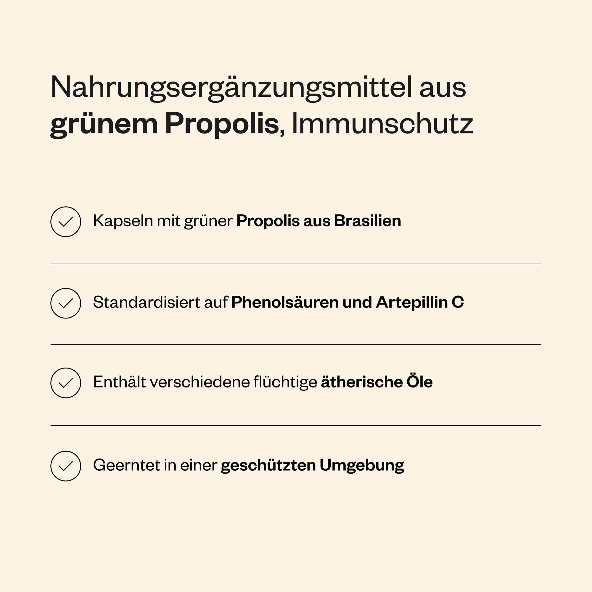 Liste mit Informationen zu Green Propolis. Kapseln mit grünem Propolis aus Brasilien. Standardisiert auf Phenolsäuren und Artepillin C.