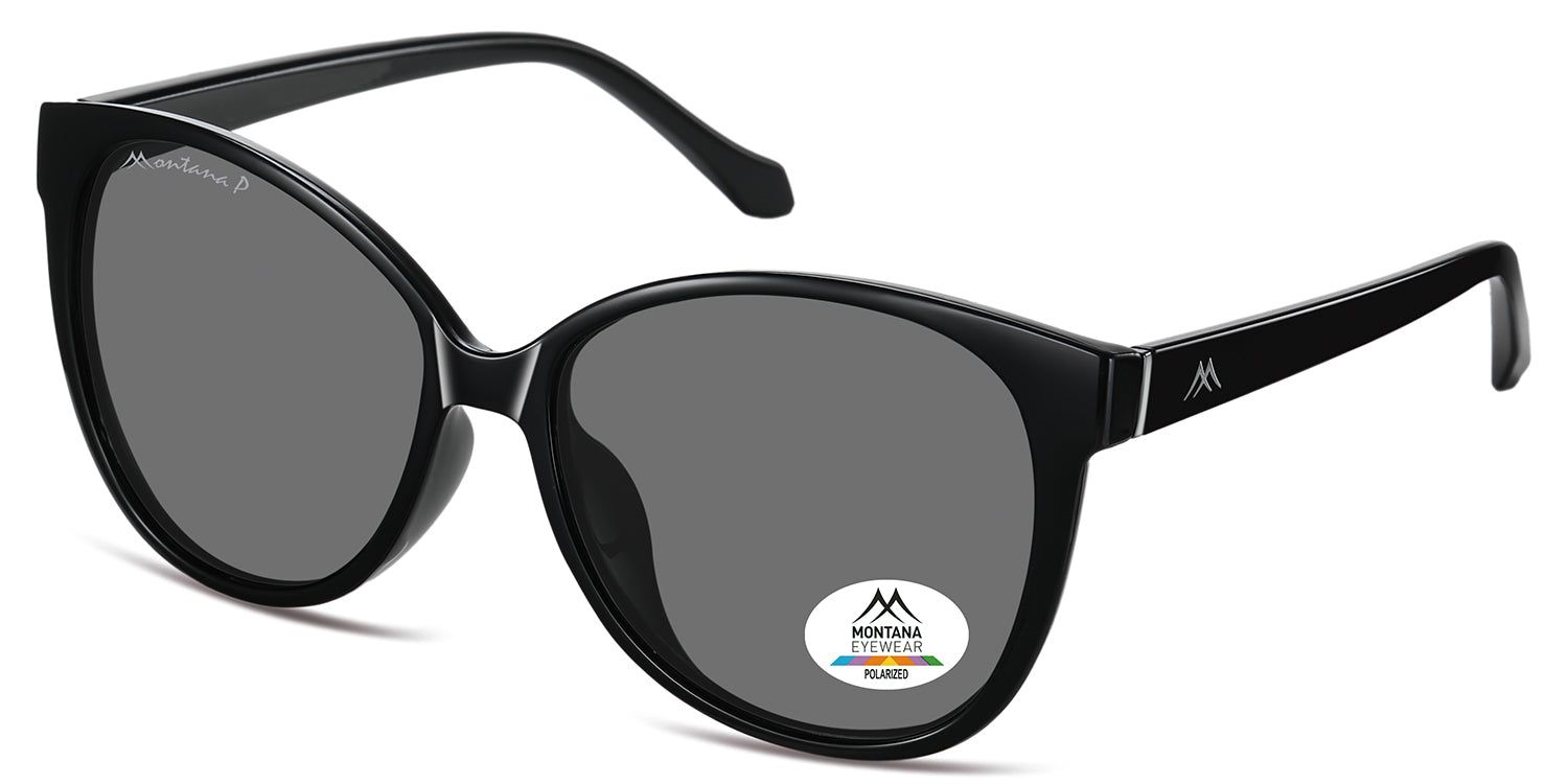 Schwarze Sonnenbrille mit grauen Gläsern. Montana Eyewear Logo und Polarized-Aufkleber. Katzenaugenform.