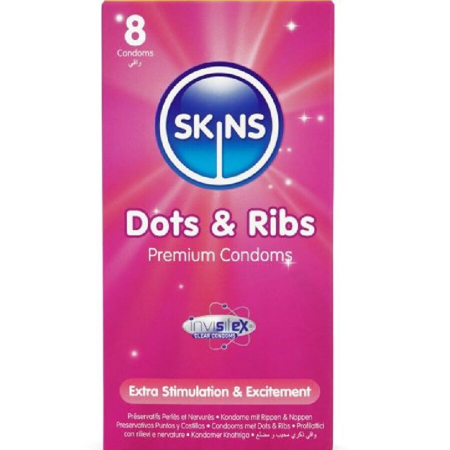 Rosa Verpackung mit SKINS Dots & Ribs Kondomen. Enthält 8 Kondome. Text: Extra Stimulation & Excitement.