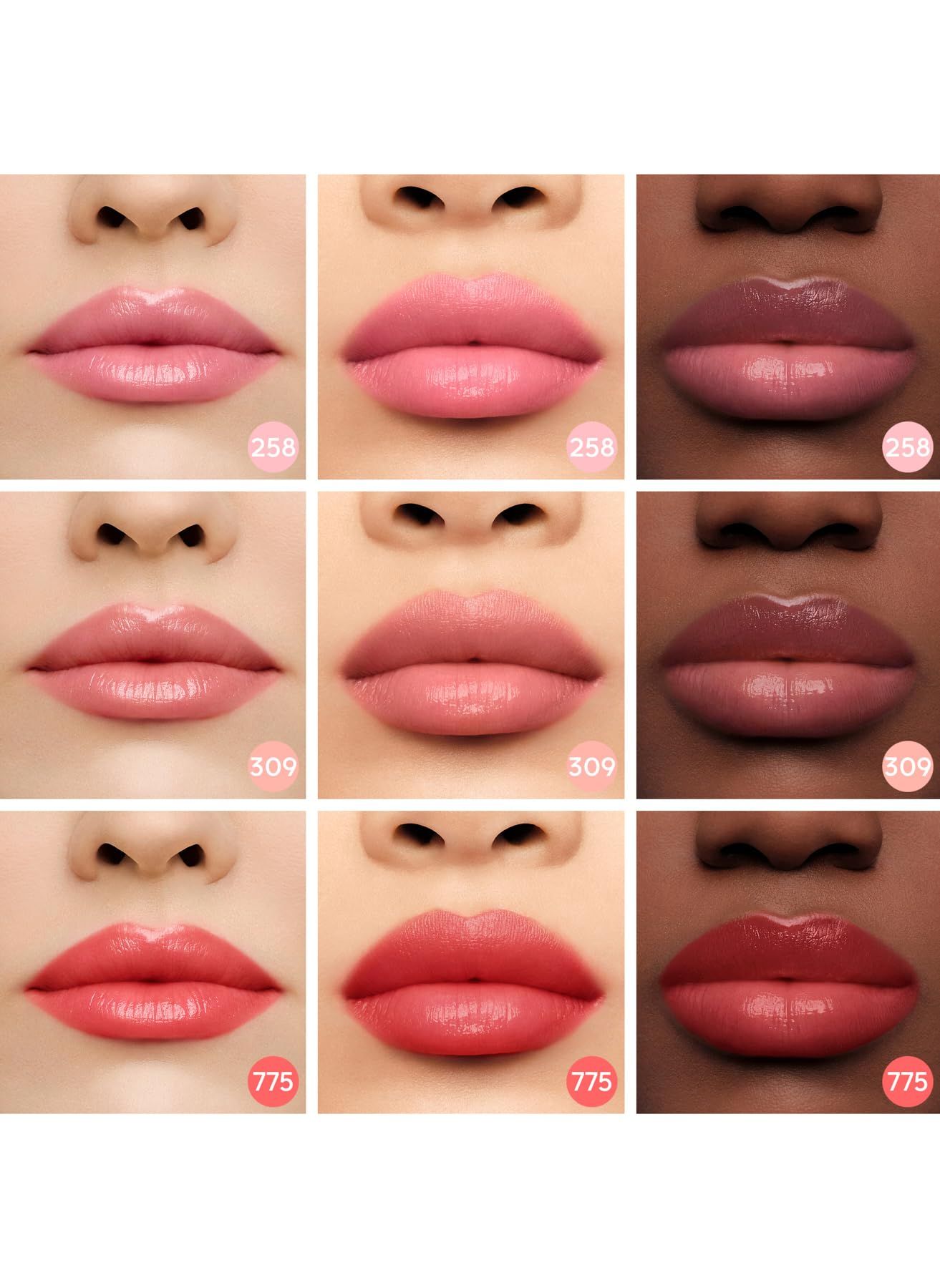 Drei Reihen von Lippen, die verschiedene Farbtöne des Lippenbalsams zeigen. Die Farbtöne sind 258, 309 und 775. Die Lippen sind auf verschiedenen Hauttönen abgebildet.