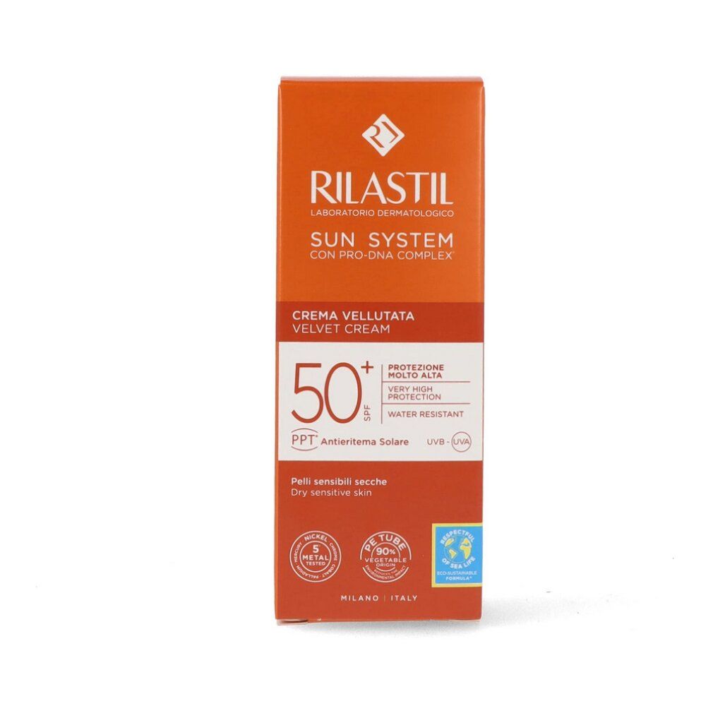 Produktverpackung. Orange Schachtel und Tube. RILASTIL Sun System, SPF 50+.
